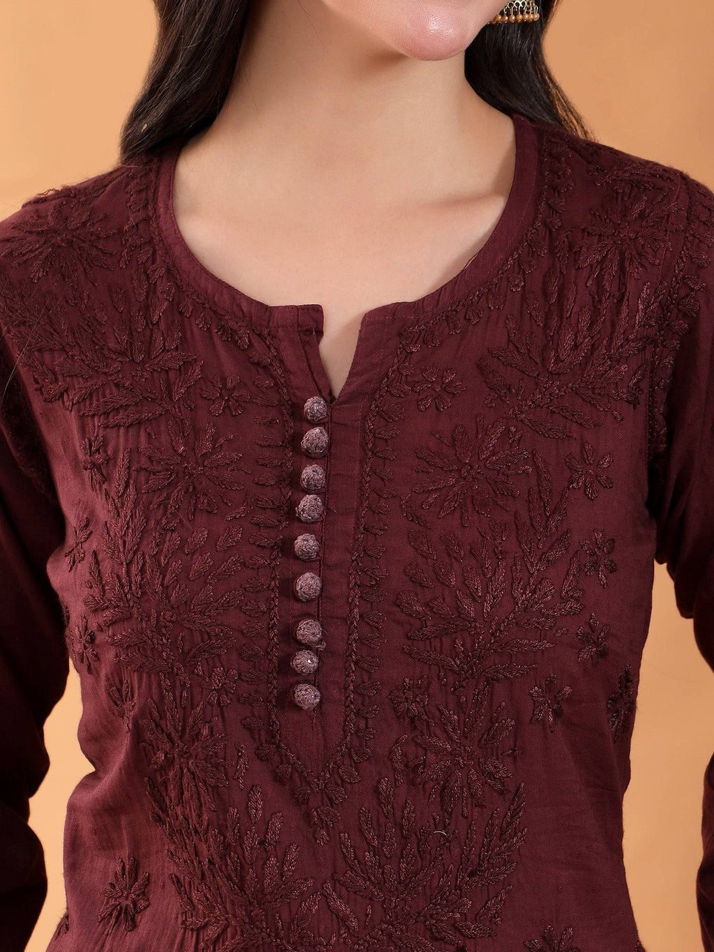Women Brown Hand Embroidered Chikankari Cotton Solid Kurta | FY93 - view 3