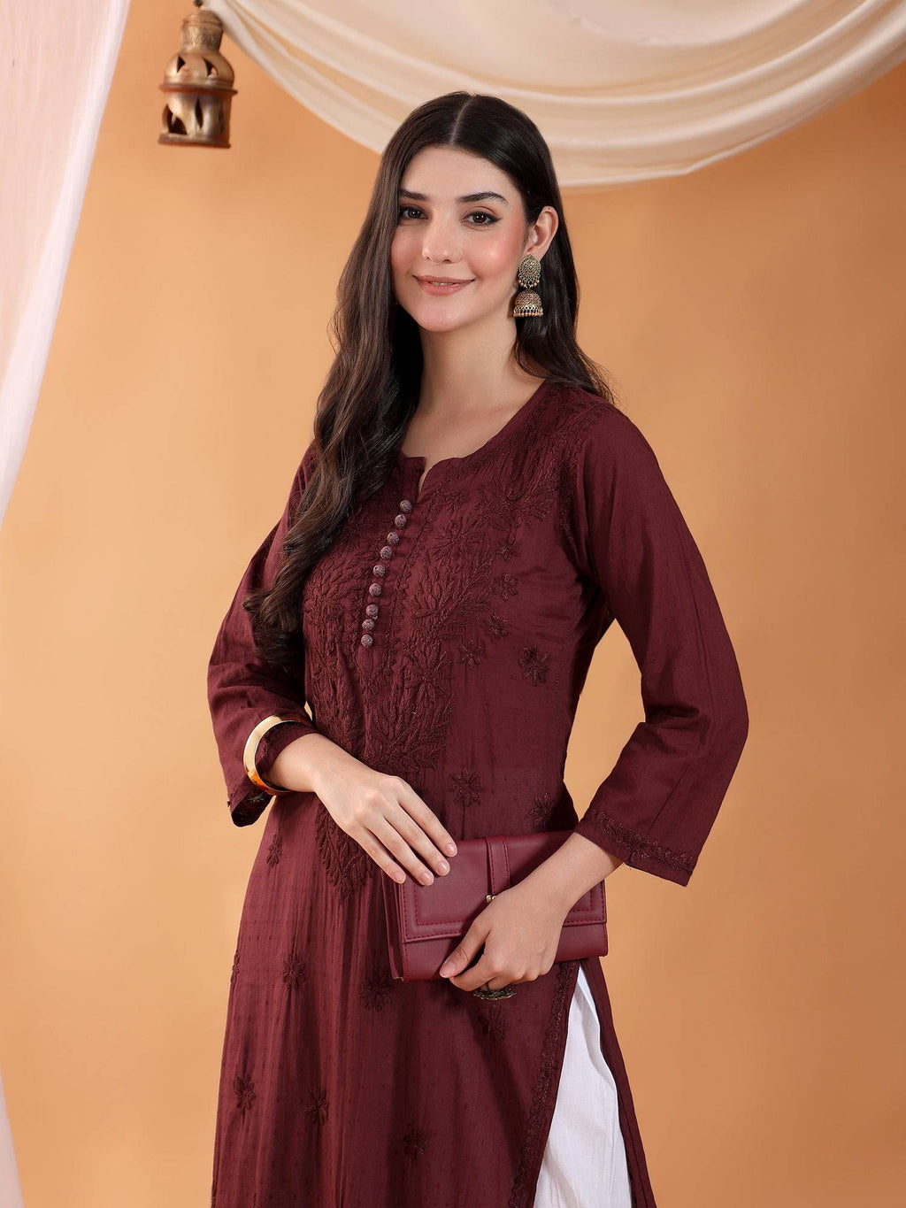 Women Brown Hand Embroidered Chikankari Cotton Solid Kurta | FY93 - view 4