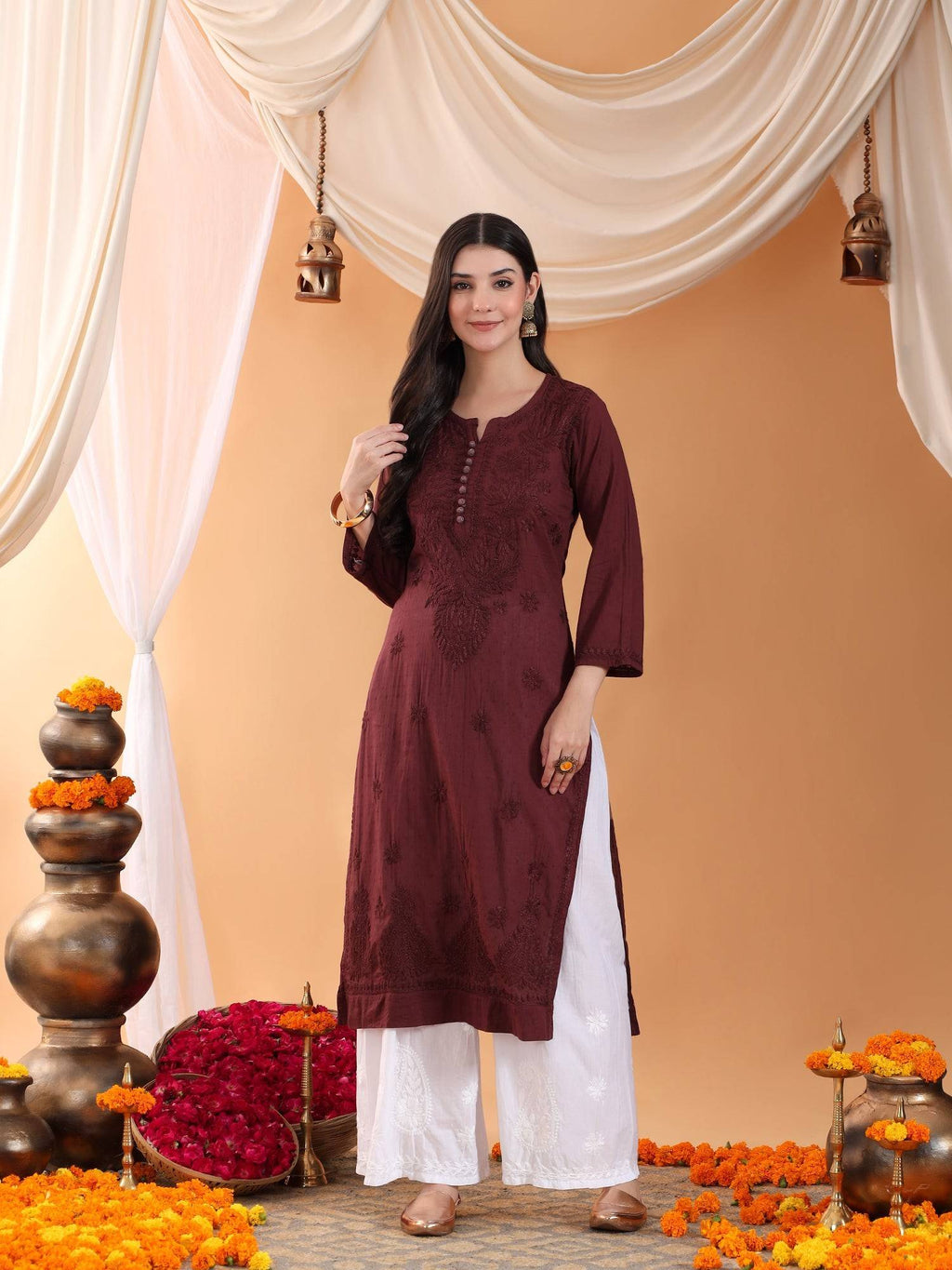 Women Brown Hand Embroidered Chikankari Cotton Solid Kurta | KDG - view 5
