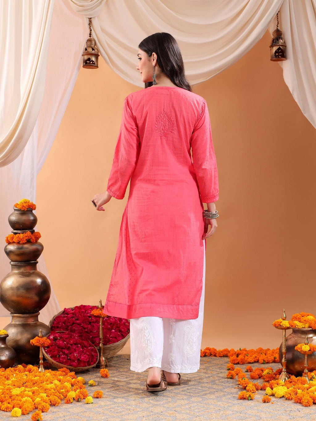 Women Brown Hand Embroidered Chikankari Cotton Solid Kurta | FY93 - view 7