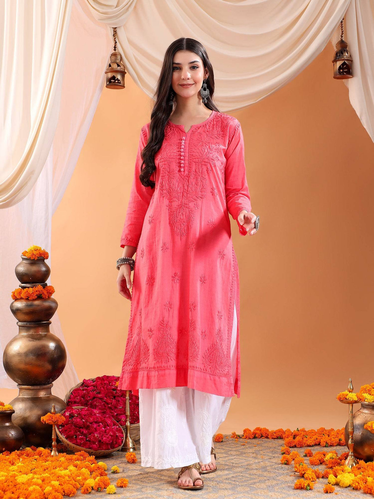 Women Brown Hand Embroidered Chikankari Cotton Solid Kurta | FY93 - view 9