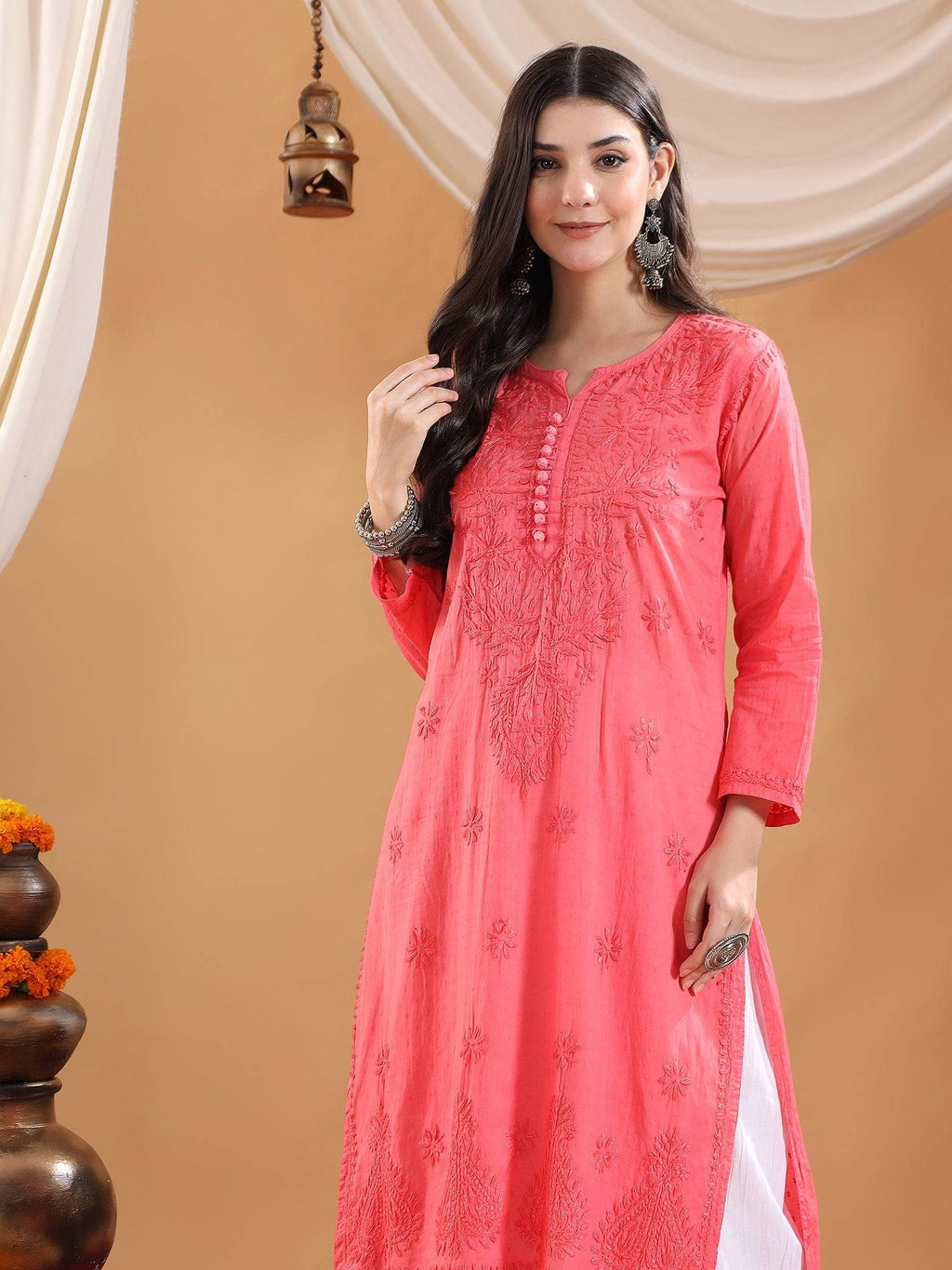 Women Brown Hand Embroidered Chikankari Cotton Solid Kurta | FY93 - view 10