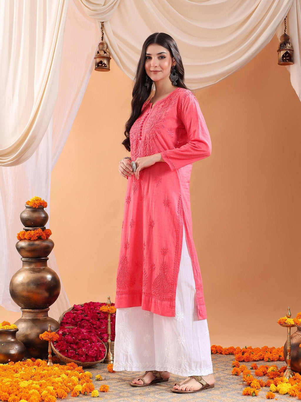 Women Brown Hand Embroidered Chikankari Cotton Solid Kurta | FY93 - view 11