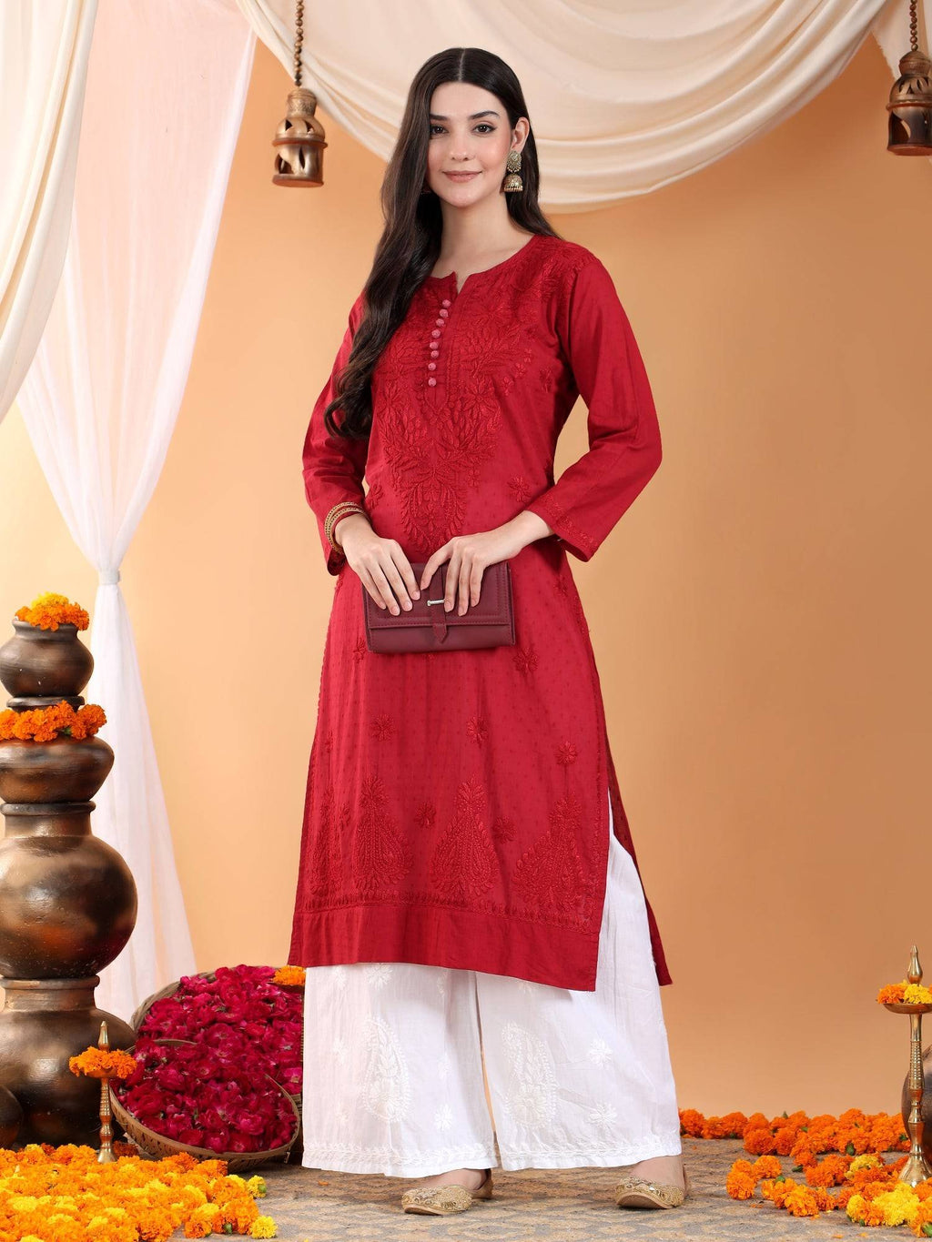 Women Brown Hand Embroidered Chikankari Cotton Solid Kurta | KDG - view 18