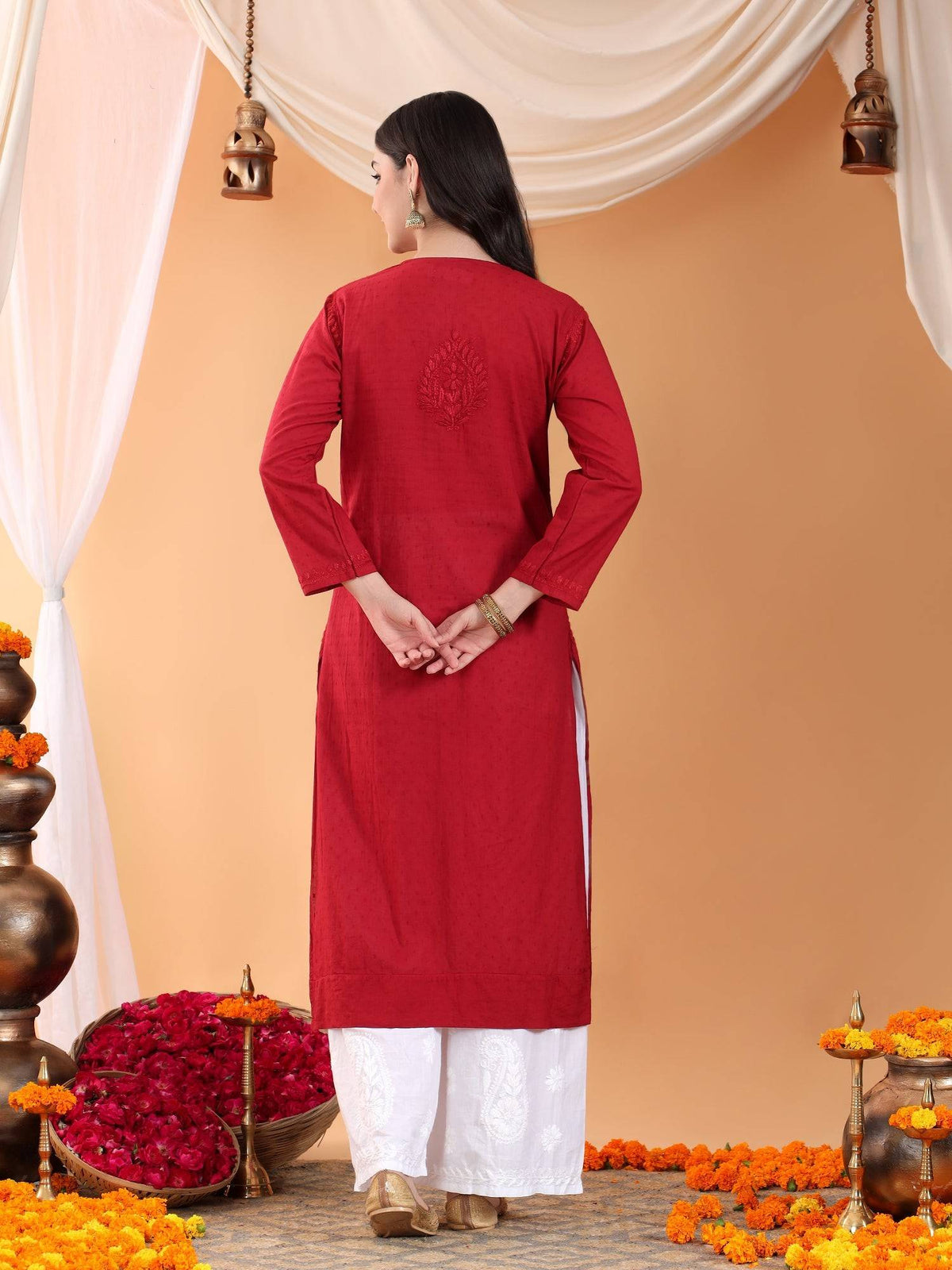 Women Brown Hand Embroidered Chikankari Cotton Solid Kurta | KDG - view 19