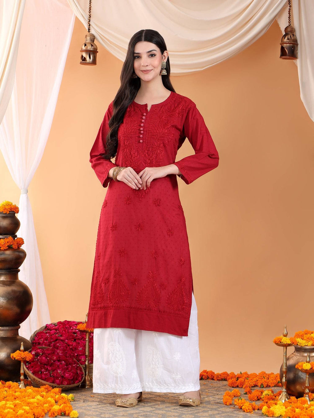 Women Brown Hand Embroidered Chikankari Cotton Solid Kurta | FY93 - view 21