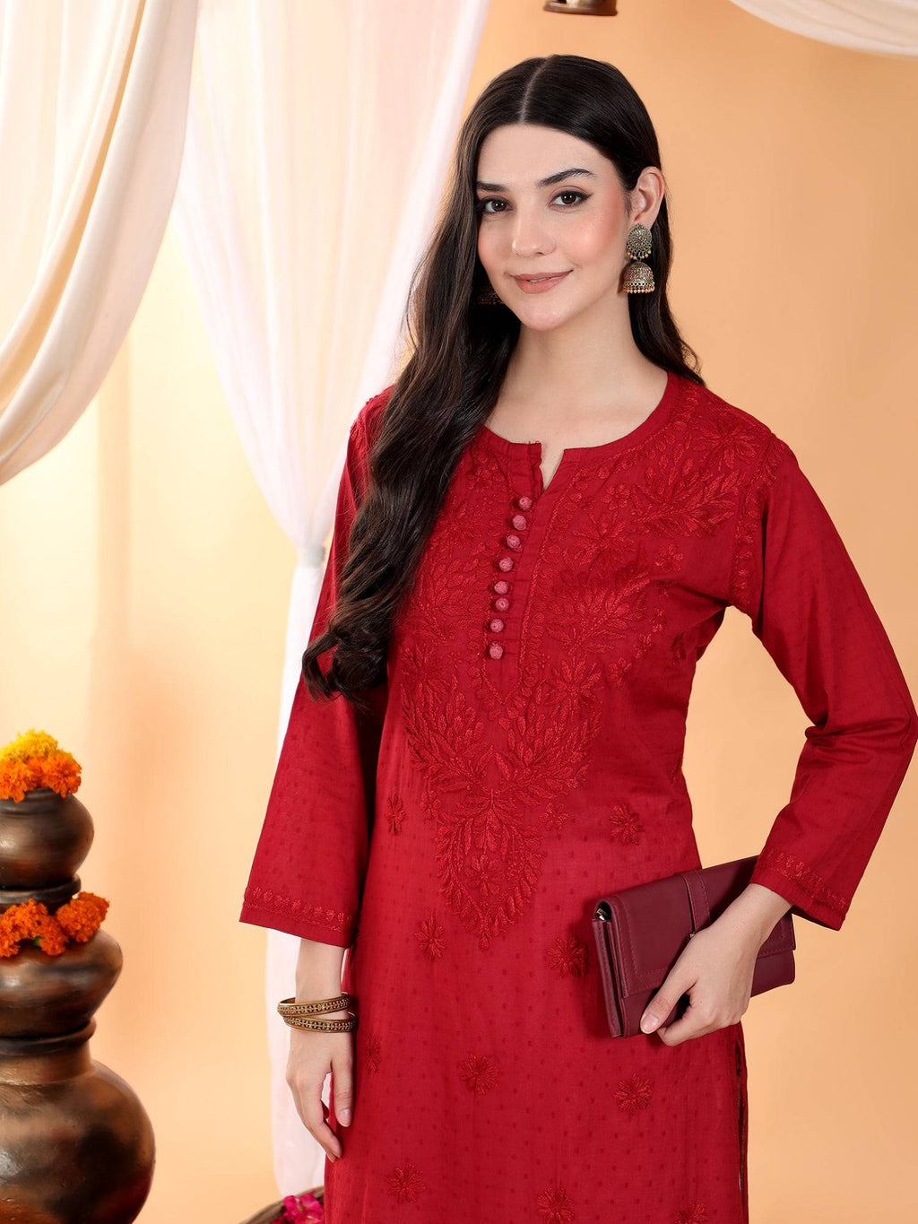 Women Brown Hand Embroidered Chikankari Cotton Solid Kurta | KDG - view 22