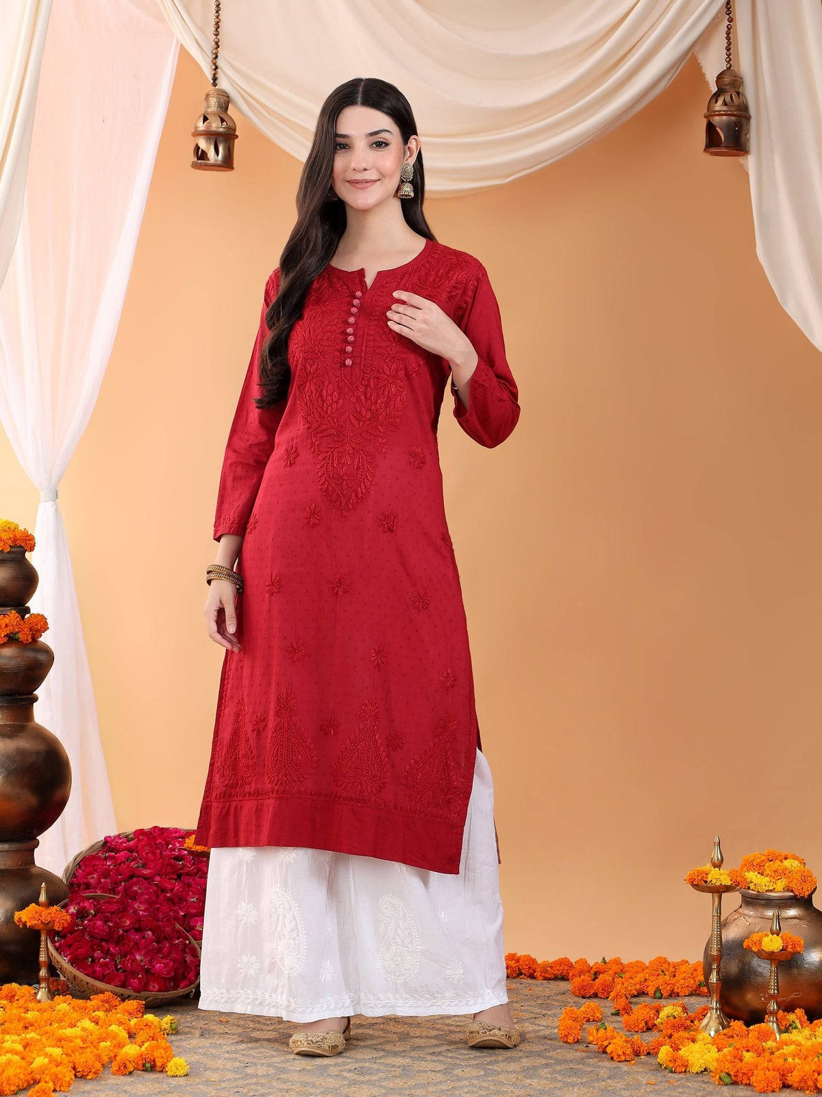 Women Brown Hand Embroidered Chikankari Cotton Solid Kurta | FY93 - view 23
