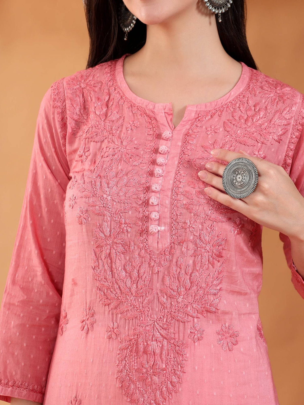 Women Brown Hand Embroidered Chikankari Cotton Solid Kurta | FY93 - view 31