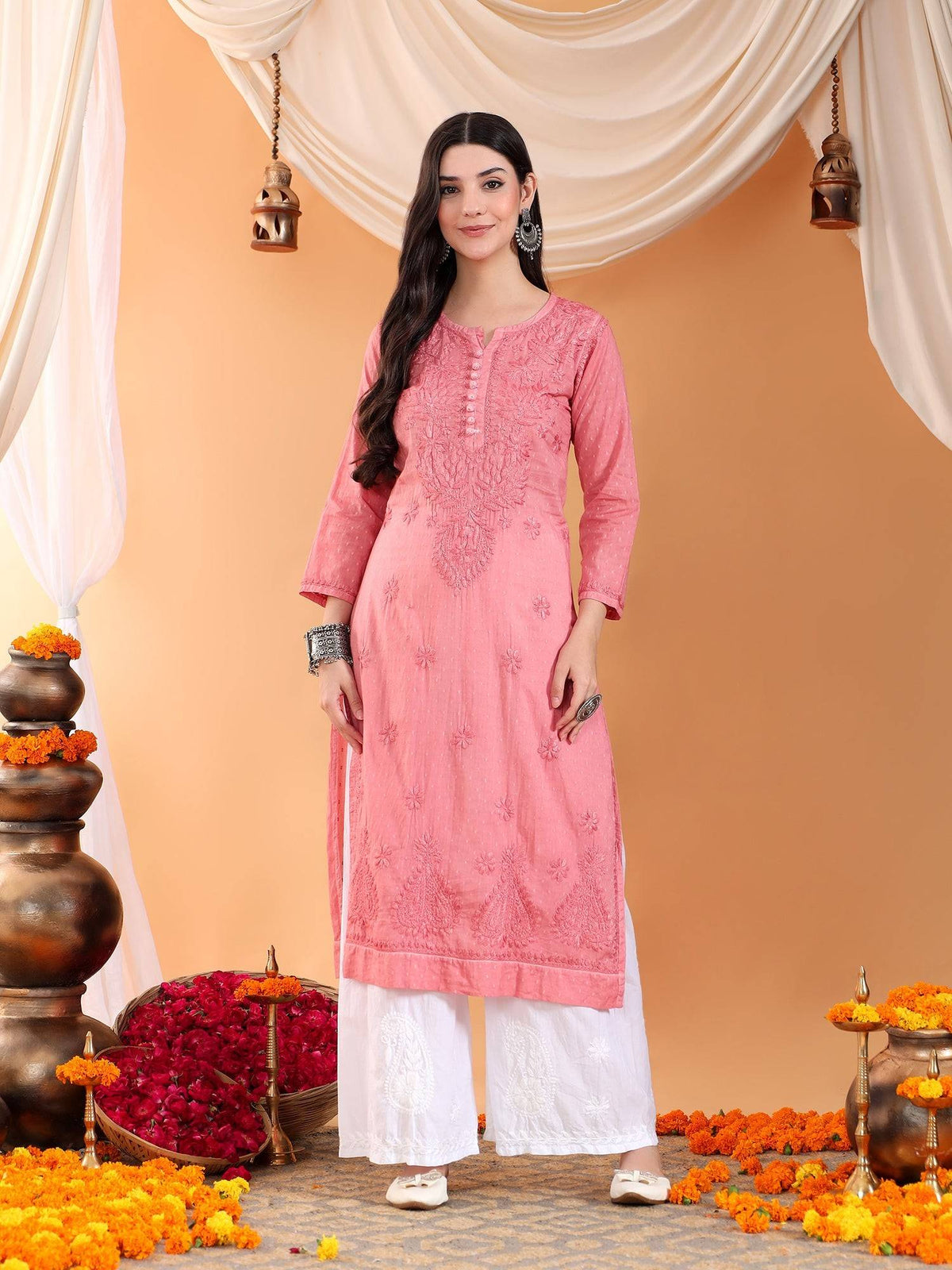 Women Brown Hand Embroidered Chikankari Cotton Solid Kurta | FY93 - view 32