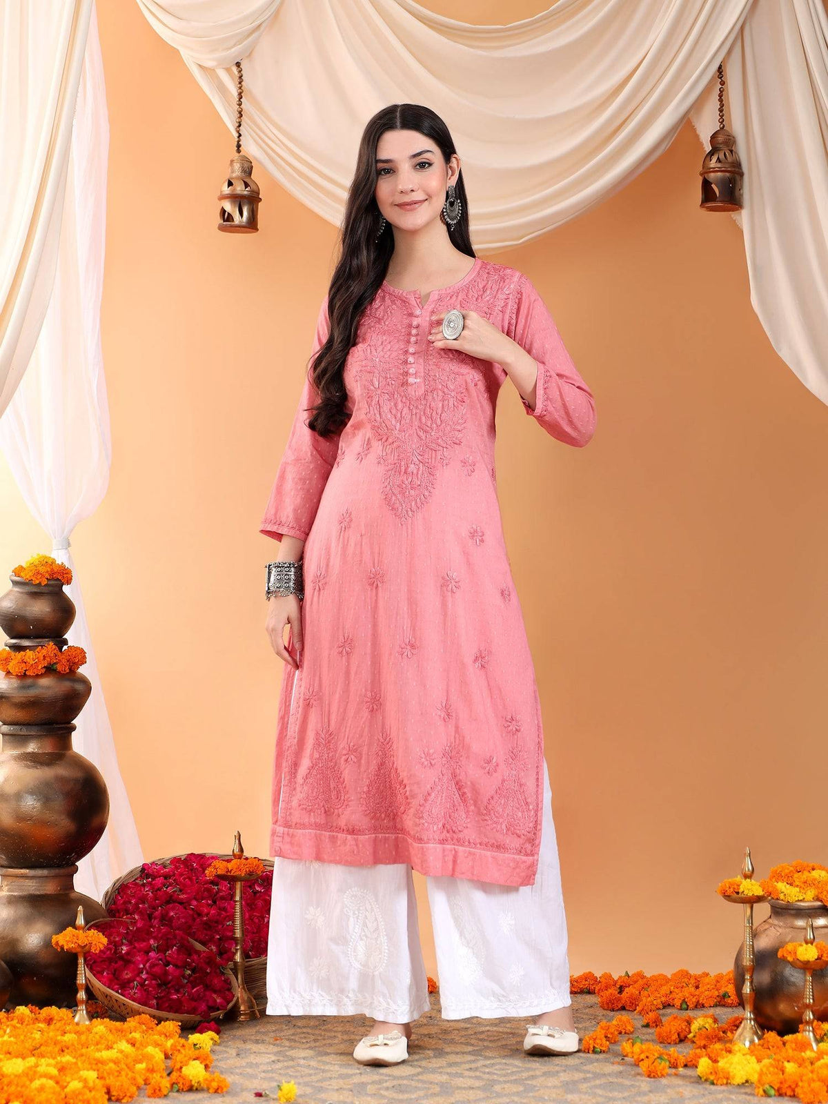 Women Brown Hand Embroidered Chikankari Cotton Solid Kurta | KDG - view 29