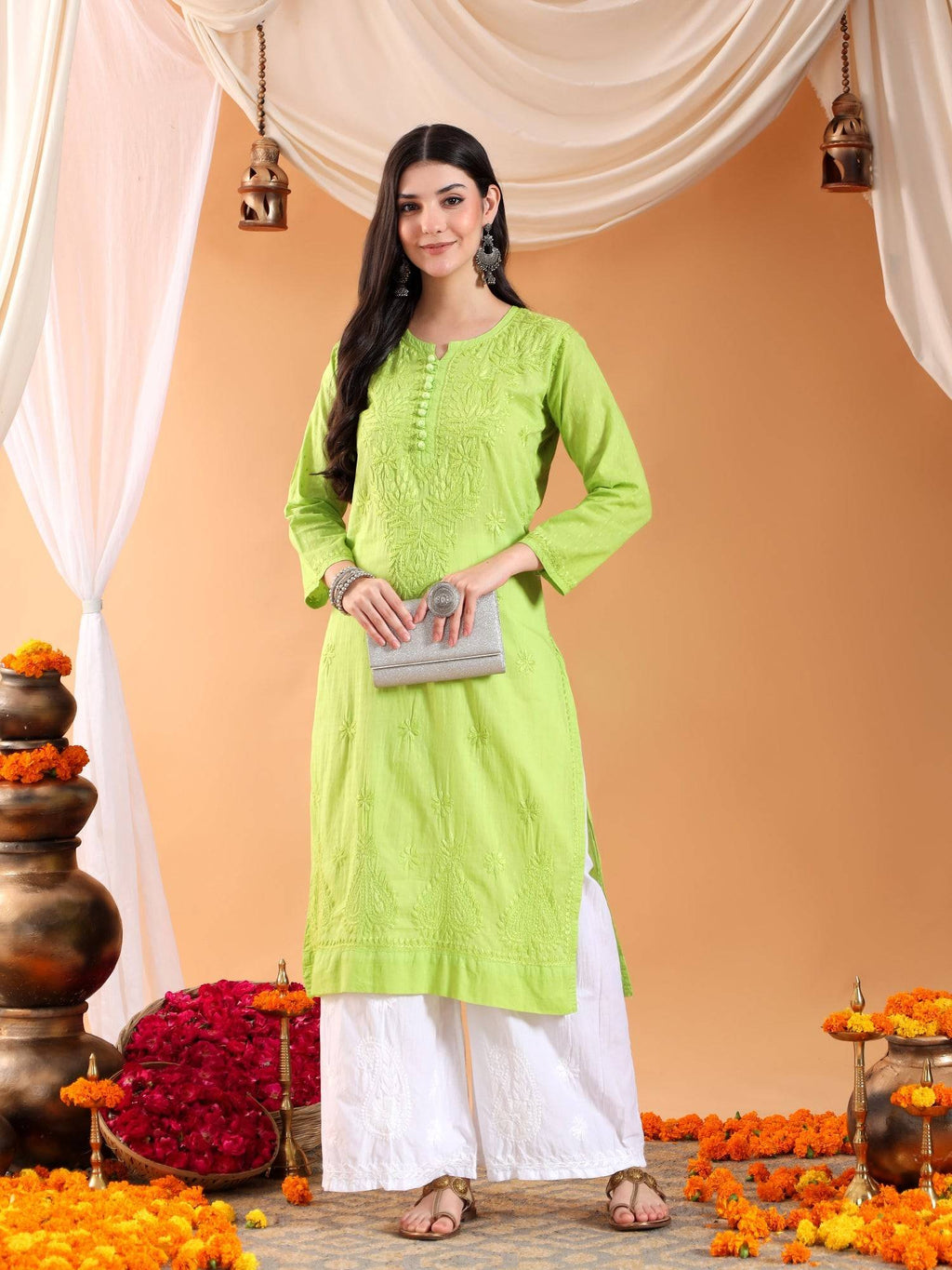 Women Brown Hand Embroidered Chikankari Cotton Solid Kurta | KDG - view 12