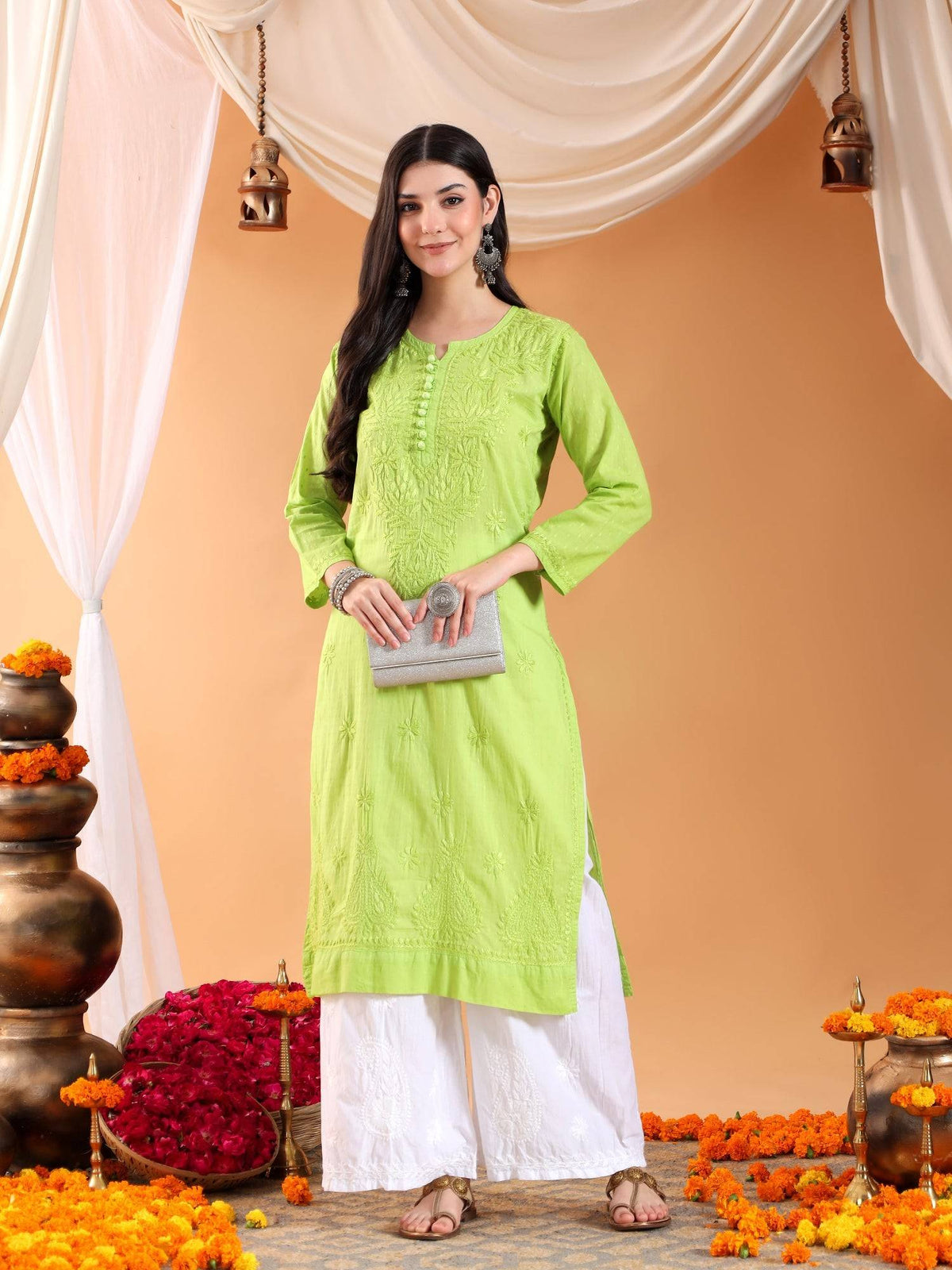 Women Brown Hand Embroidered Chikankari Cotton Solid Kurta | KDG - view 12