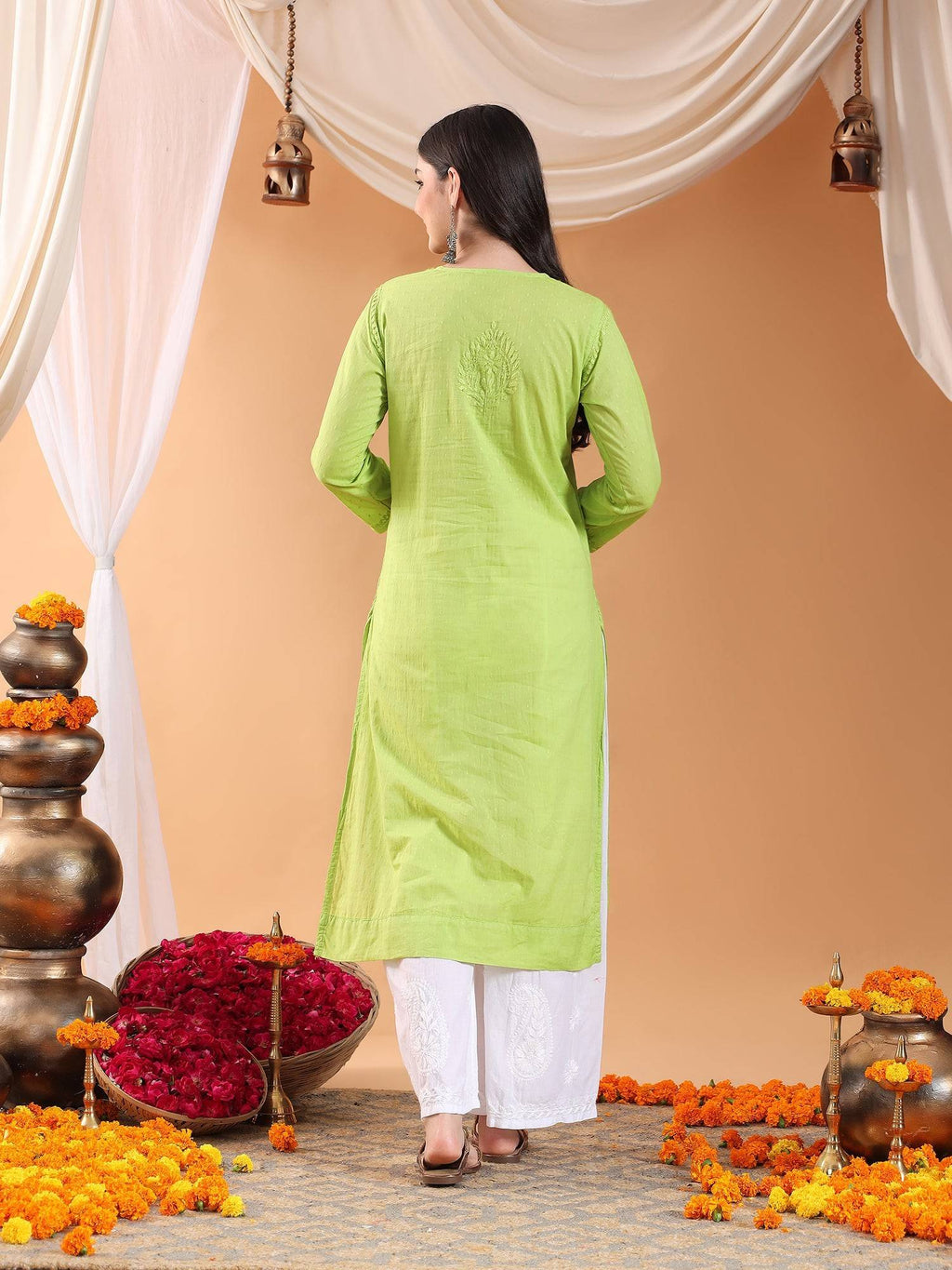 Women Brown Hand Embroidered Chikankari Cotton Solid Kurta | FY93 - view 13