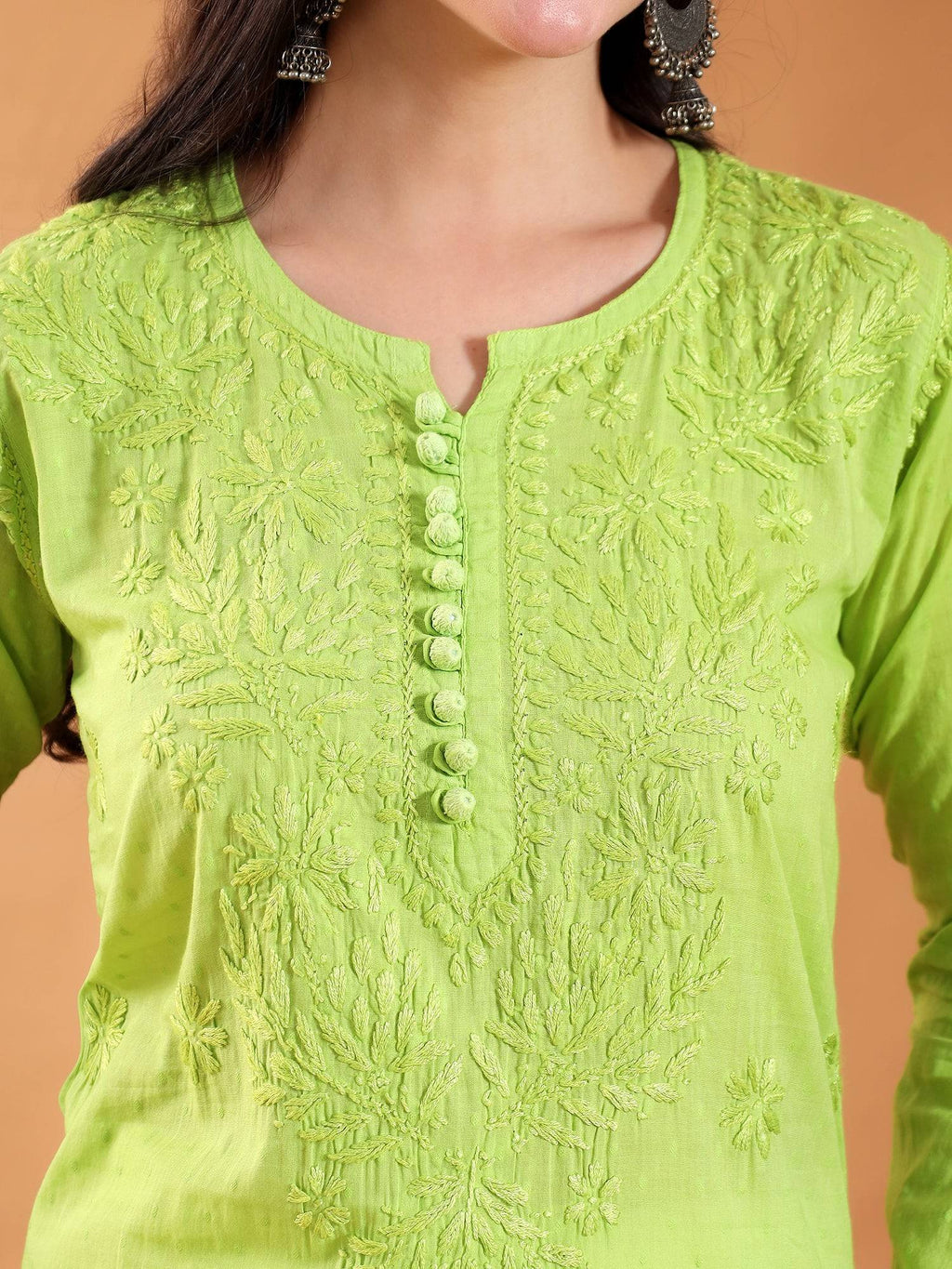 Women Brown Hand Embroidered Chikankari Cotton Solid Kurta | FY93 - view 14