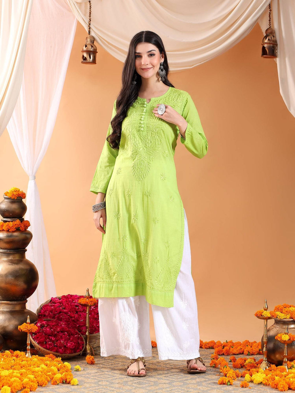 Women Brown Hand Embroidered Chikankari Cotton Solid Kurta | FY93 - view 15