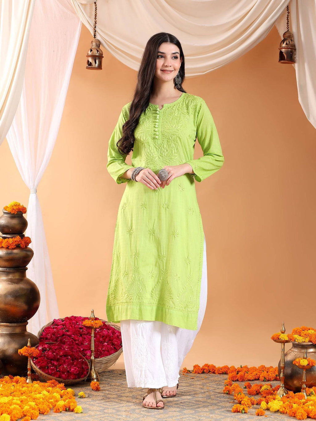 Women Brown Hand Embroidered Chikankari Cotton Solid Kurta | KDG - view 16