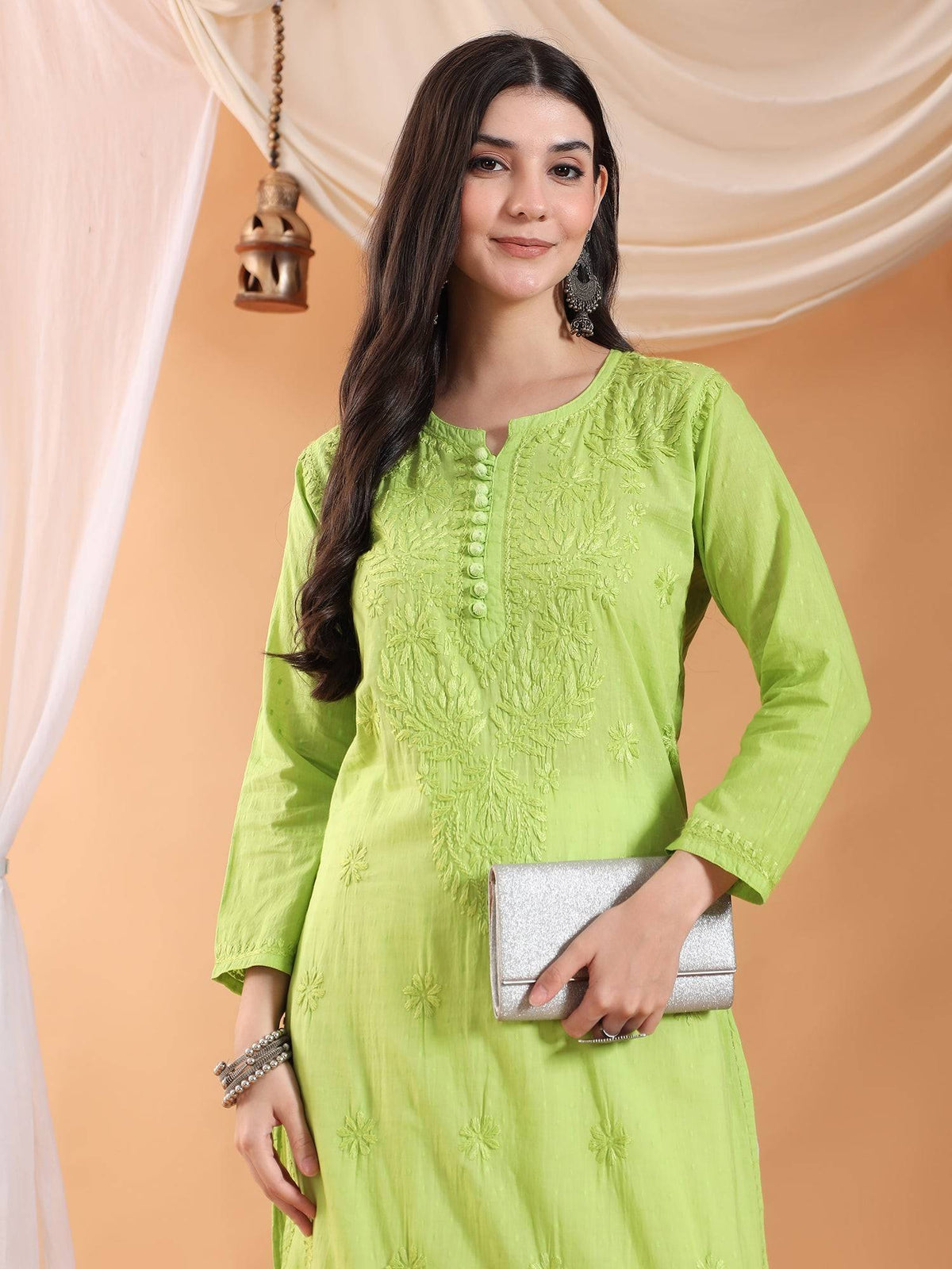 Women Brown Hand Embroidered Chikankari Cotton Solid Kurta | FY93 - view 17