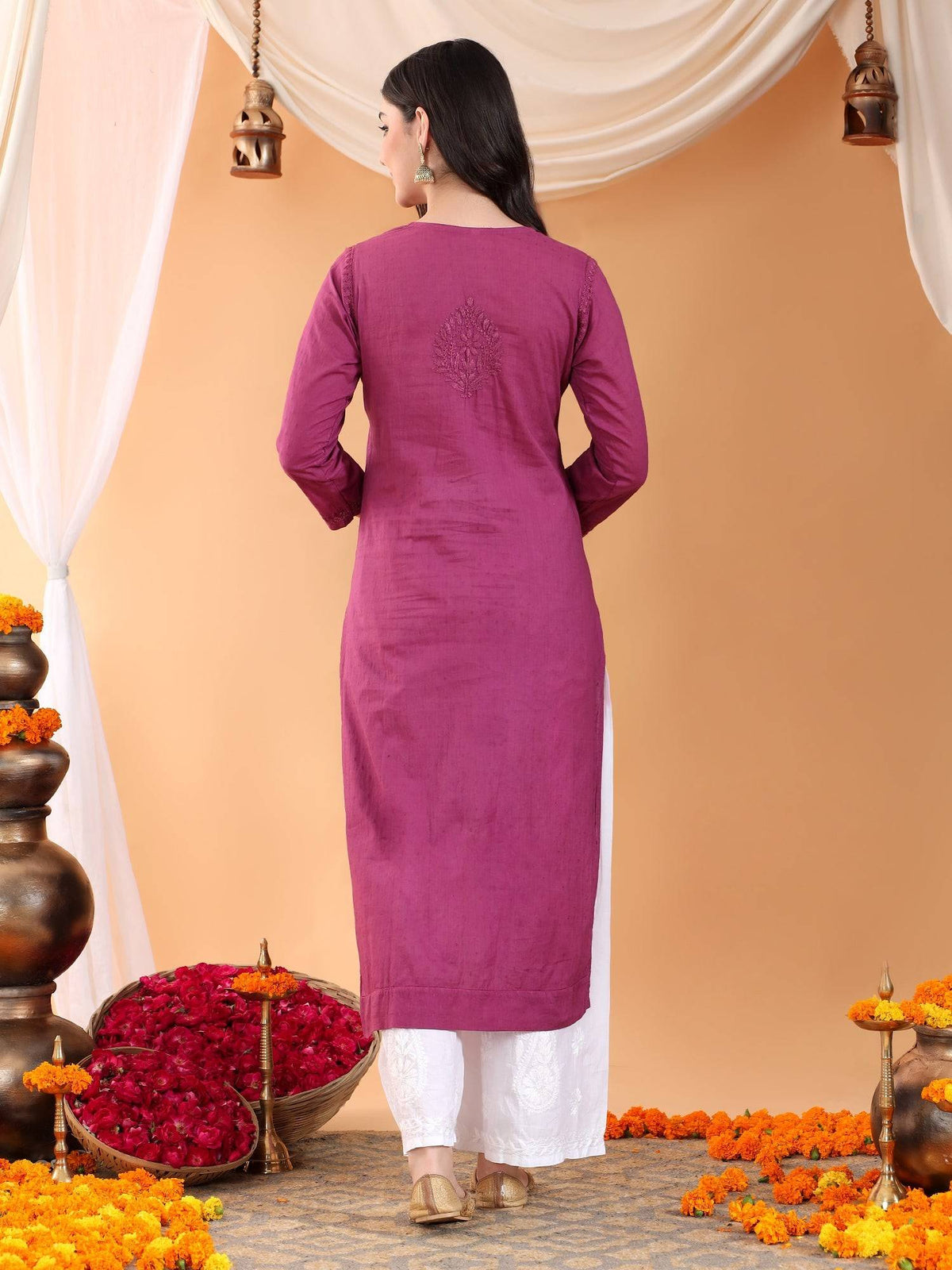 Women Brown Hand Embroidered Chikankari Cotton Solid Kurta | FY93 - view 36