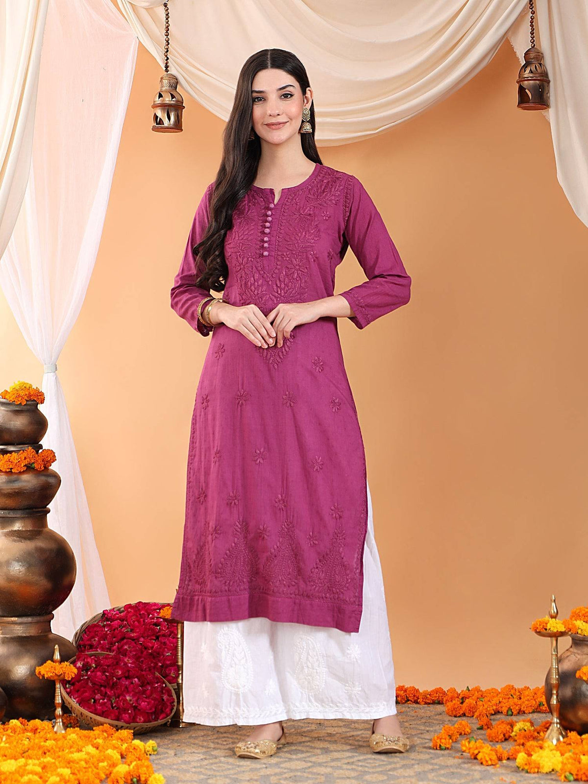 Women Brown Hand Embroidered Chikankari Cotton Solid Kurta | FY93 - view 38