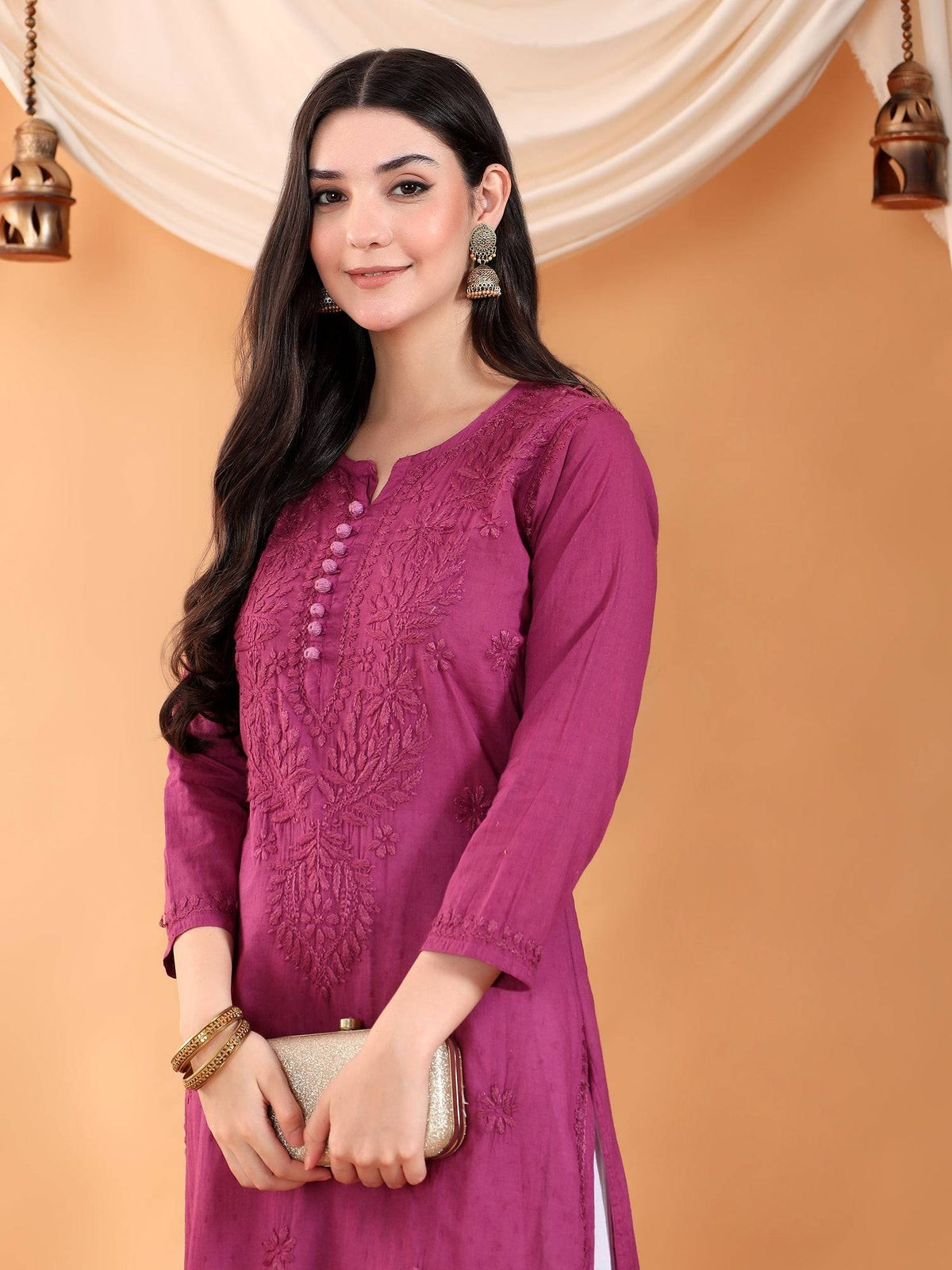 Women Brown Hand Embroidered Chikankari Cotton Solid Kurta | KDG - view 39