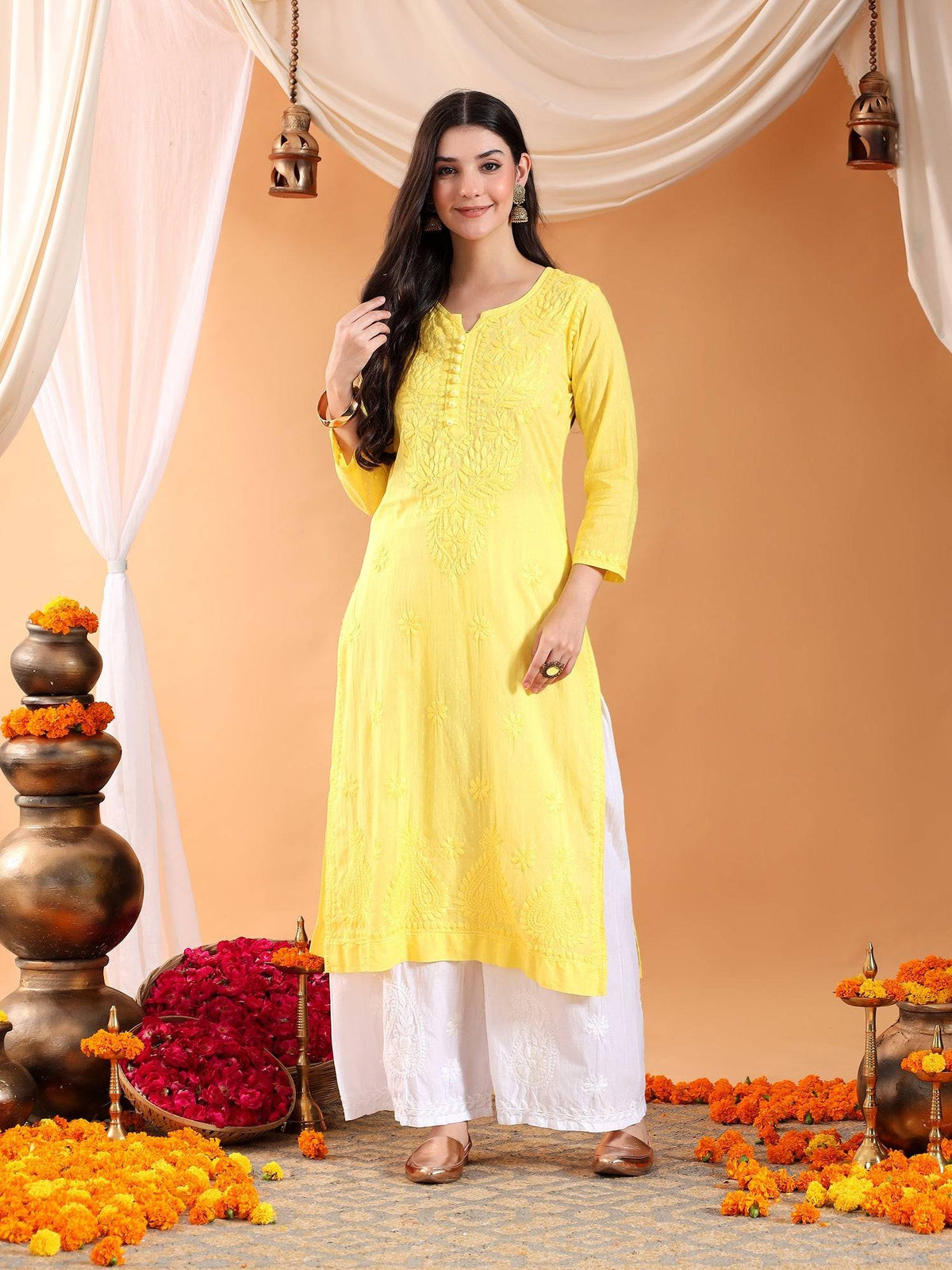 Women Brown Hand Embroidered Chikankari Cotton Solid Kurta | FY93 - view 40