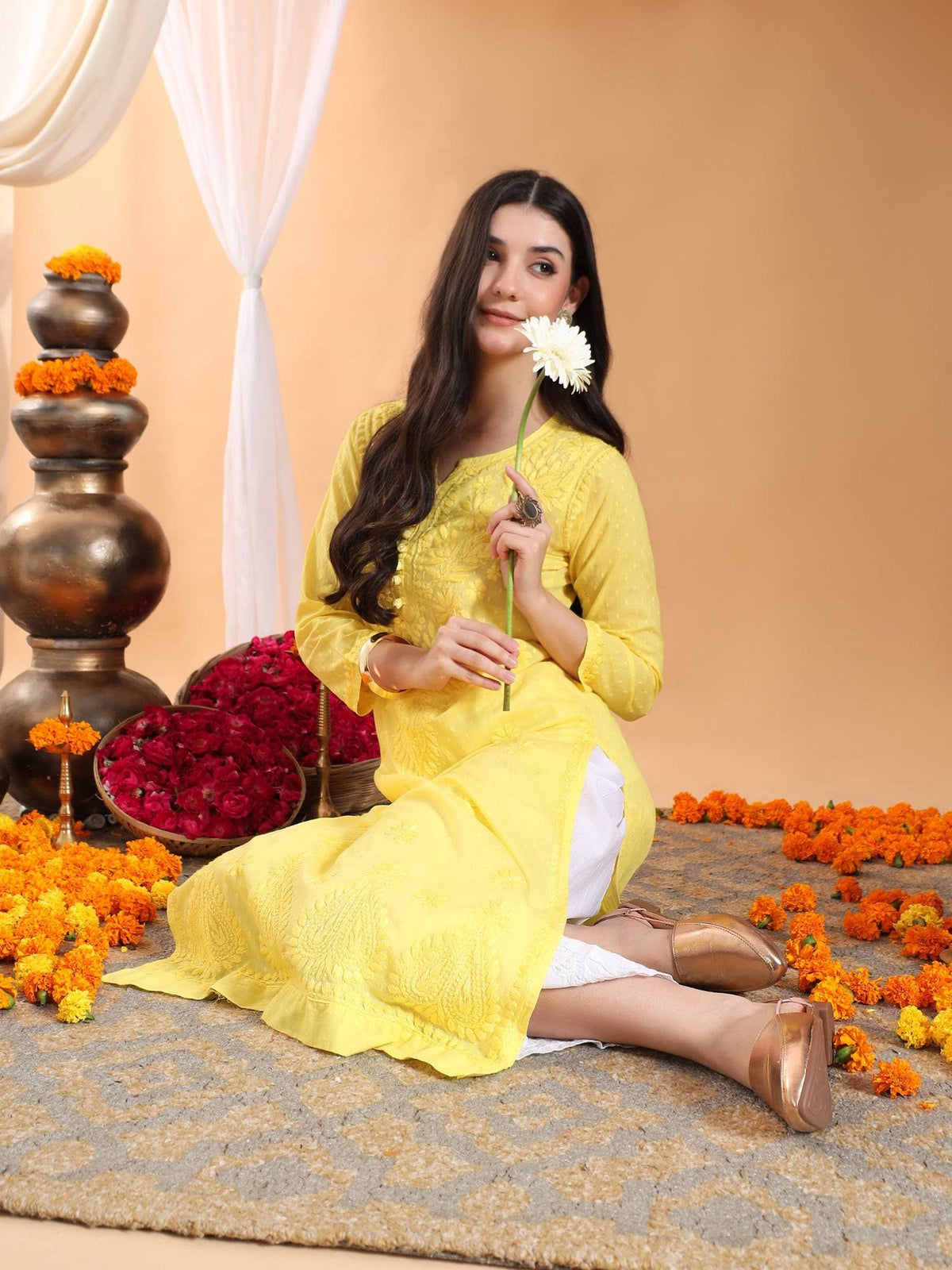 Women Brown Hand Embroidered Chikankari Cotton Solid Kurta | KDG - view 44