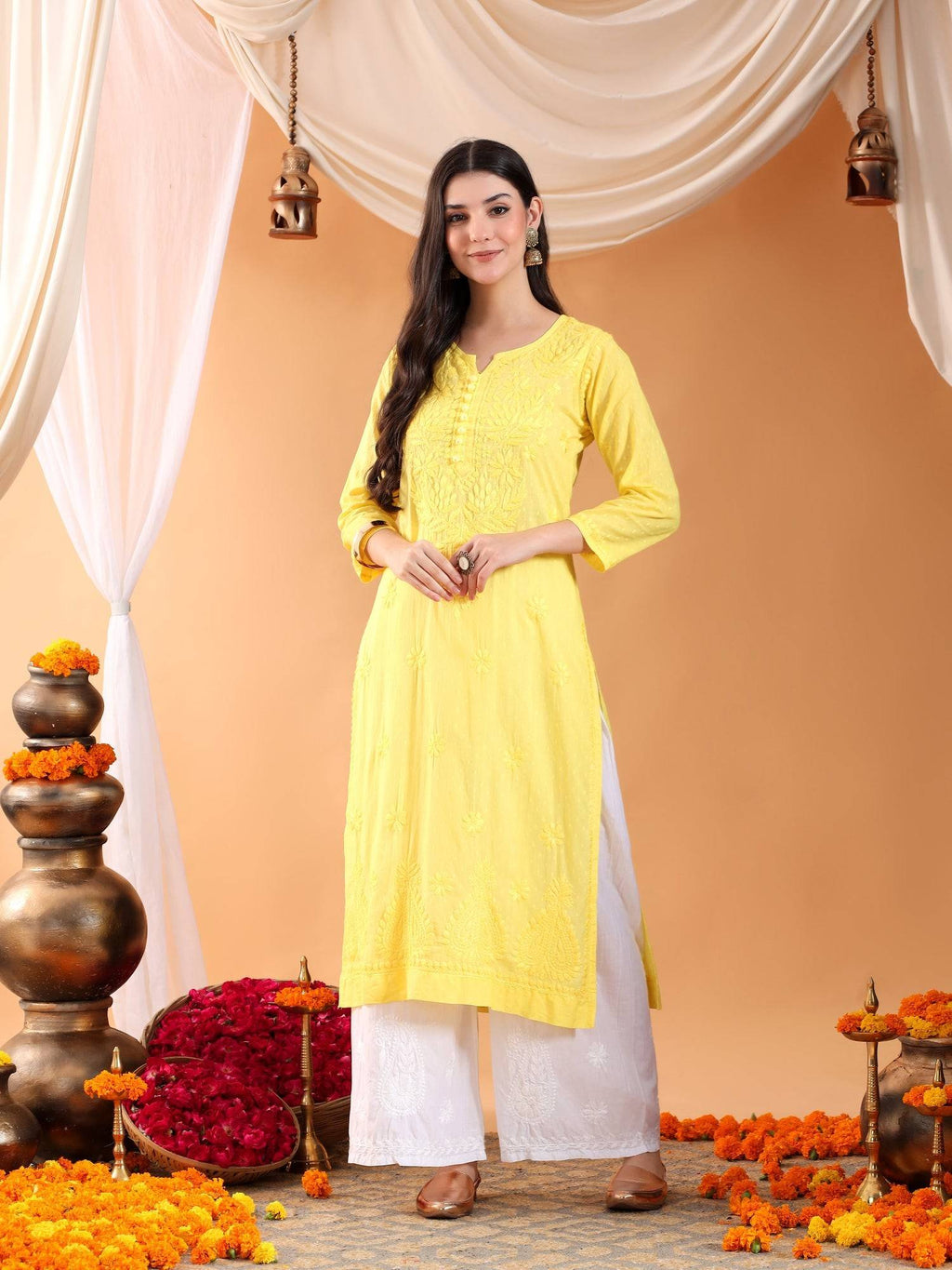 Women Brown Hand Embroidered Chikankari Cotton Solid Kurta | KDG - view 45