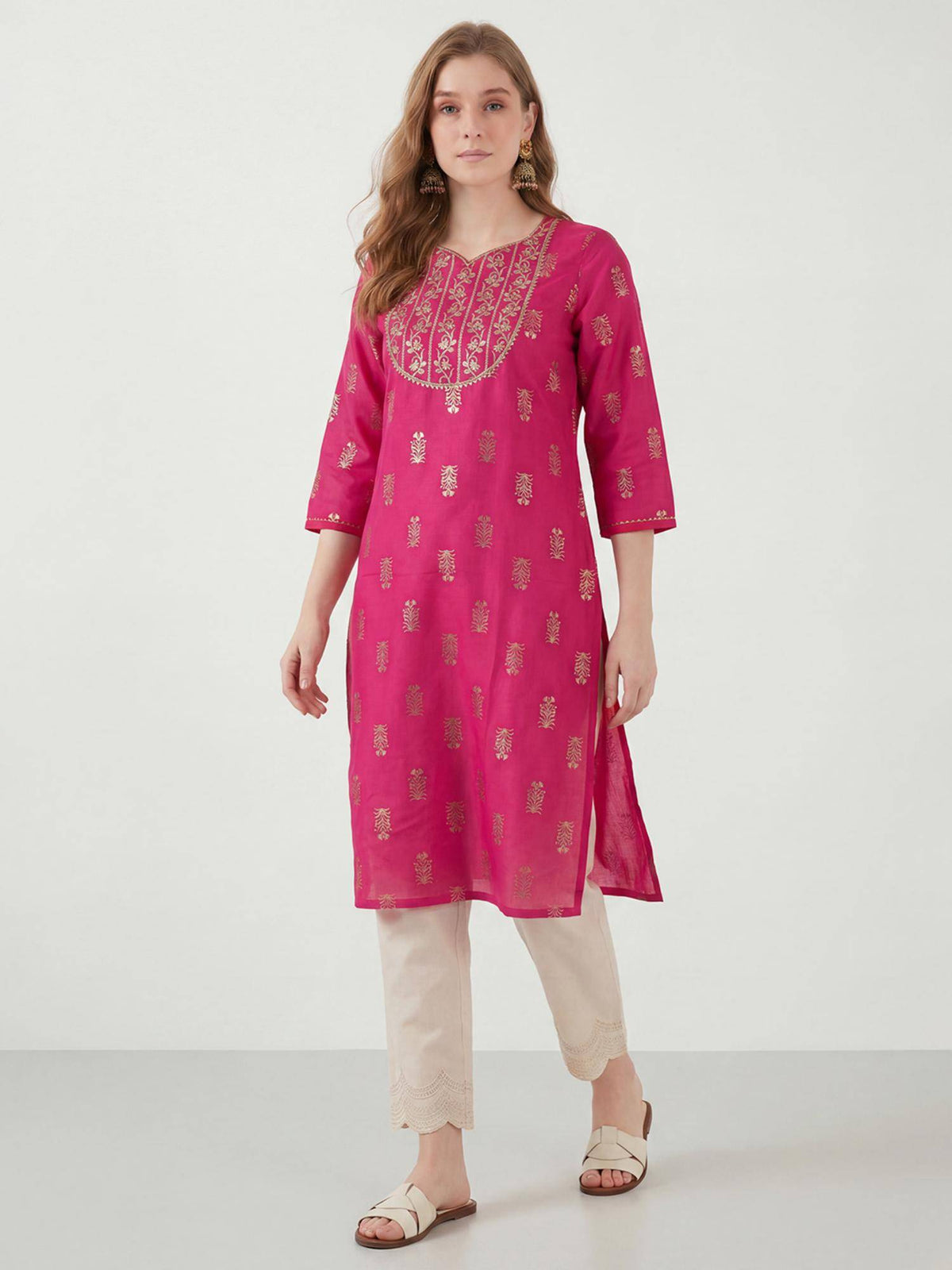 RandB Viscose Pink Embroidered Round Neck Women Kurtas | U3S - view 1