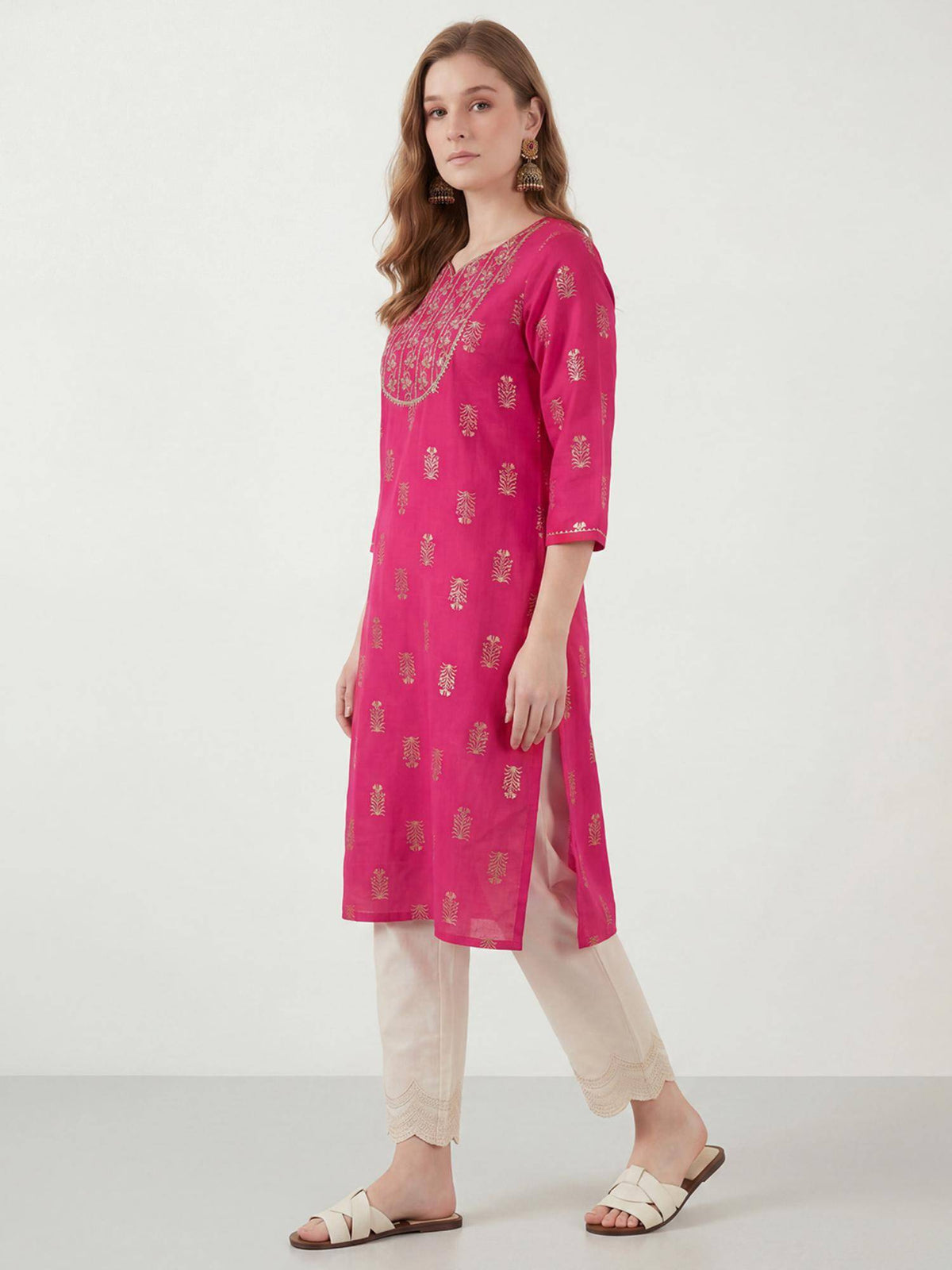 RandB Viscose Pink Embroidered Round Neck Women Kurtas | U3S - view 3