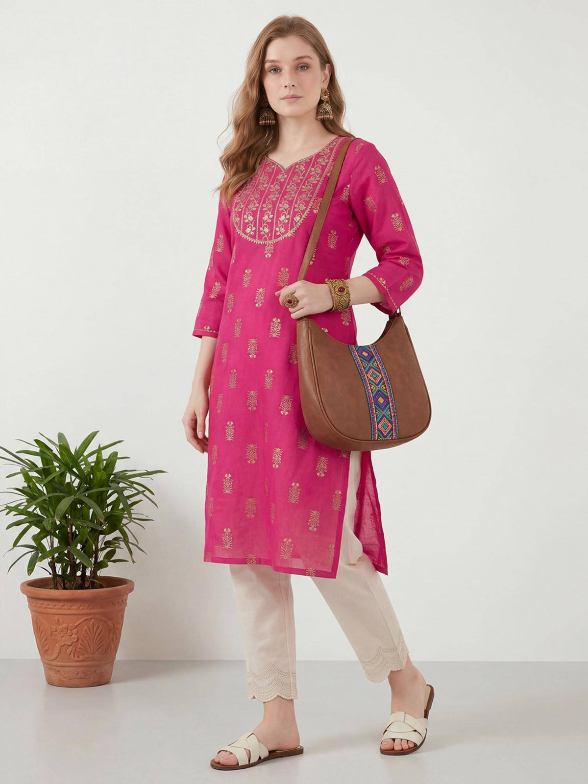 RandB Viscose Pink Embroidered Round Neck Women Kurtas | U3S - view 4