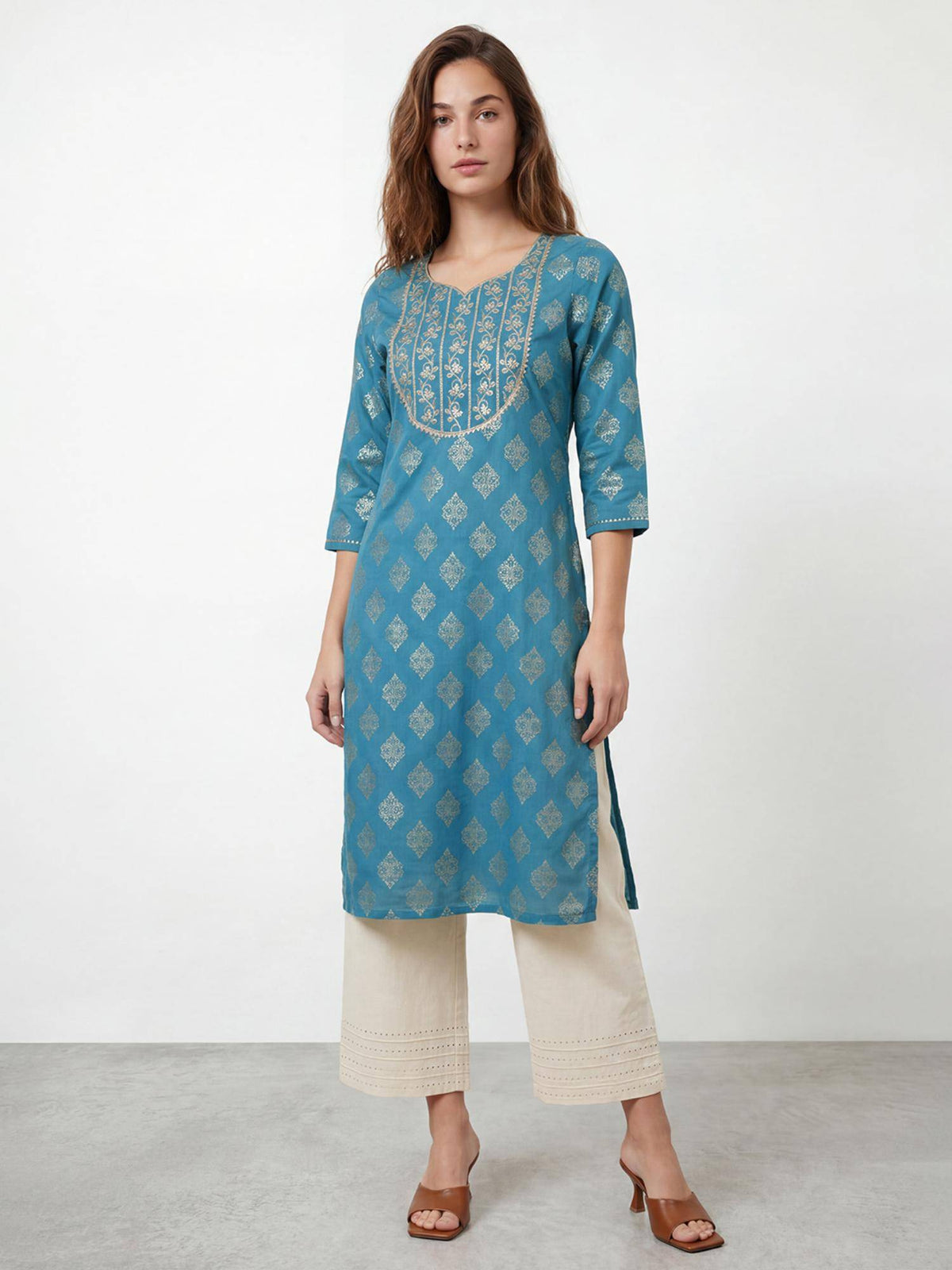 RandB Viscose Teal Embroidered Round Neck Women Kurtas | FY93 - view 1