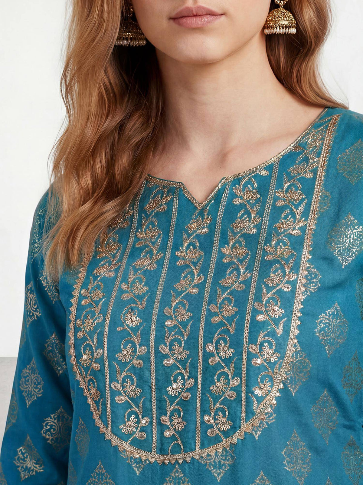 RandB Viscose Teal Embroidered Round Neck Women Kurtas | U3S - view 2
