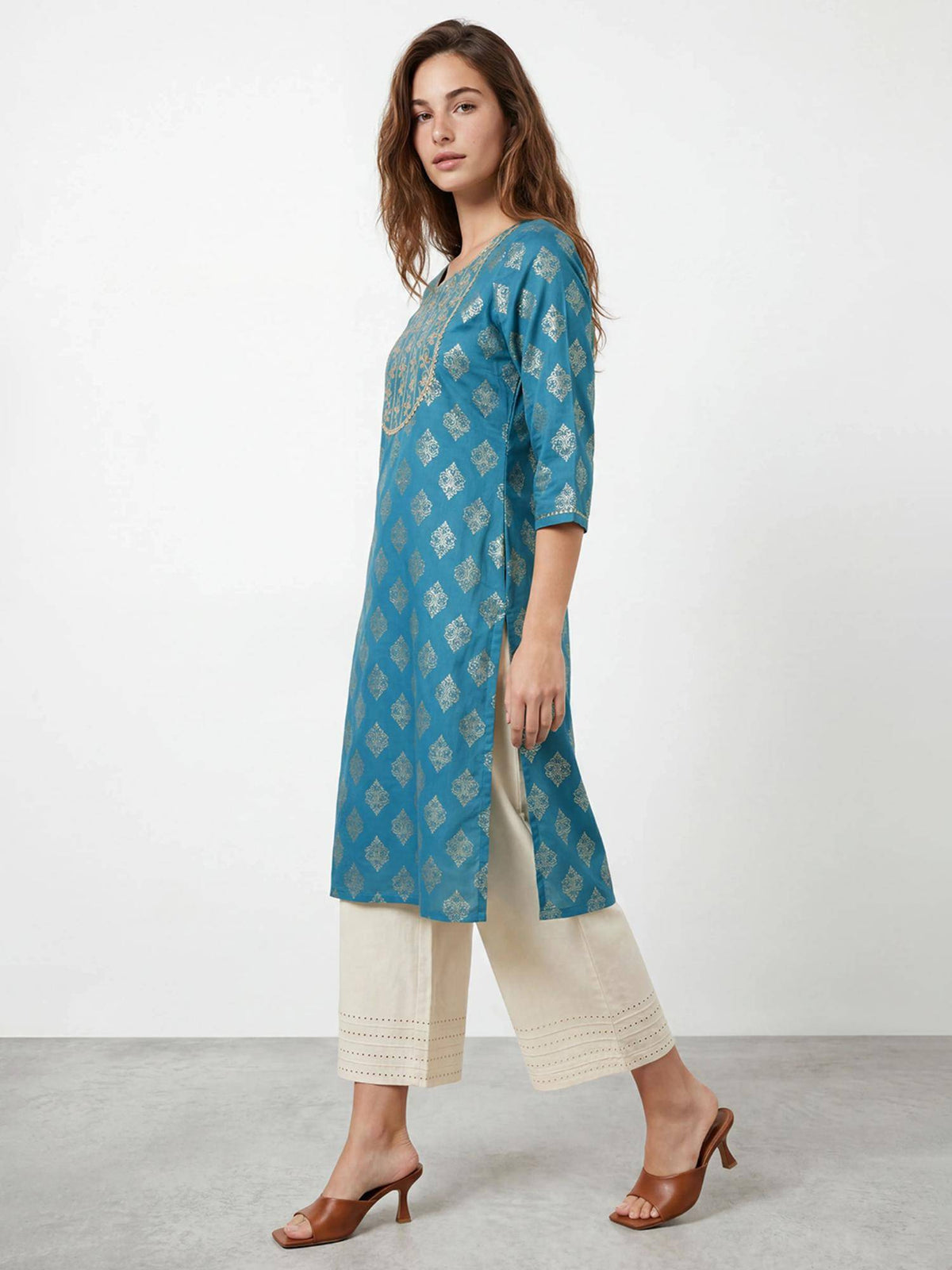 RandB Viscose Teal Embroidered Round Neck Women Kurtas | FY93 - view 3