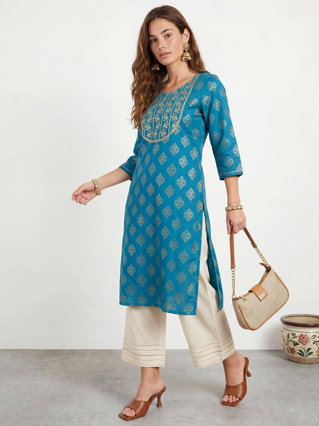 RandB Viscose Teal Embroidered Round Neck Women Kurtas | U3S - view 4