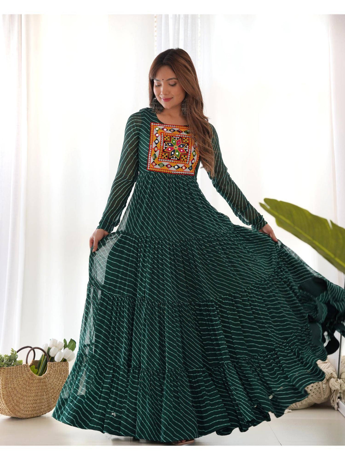 Womens Beautiful Printed Fox Georgette Flared Anarkali Kurta - Green | KDG - view 1