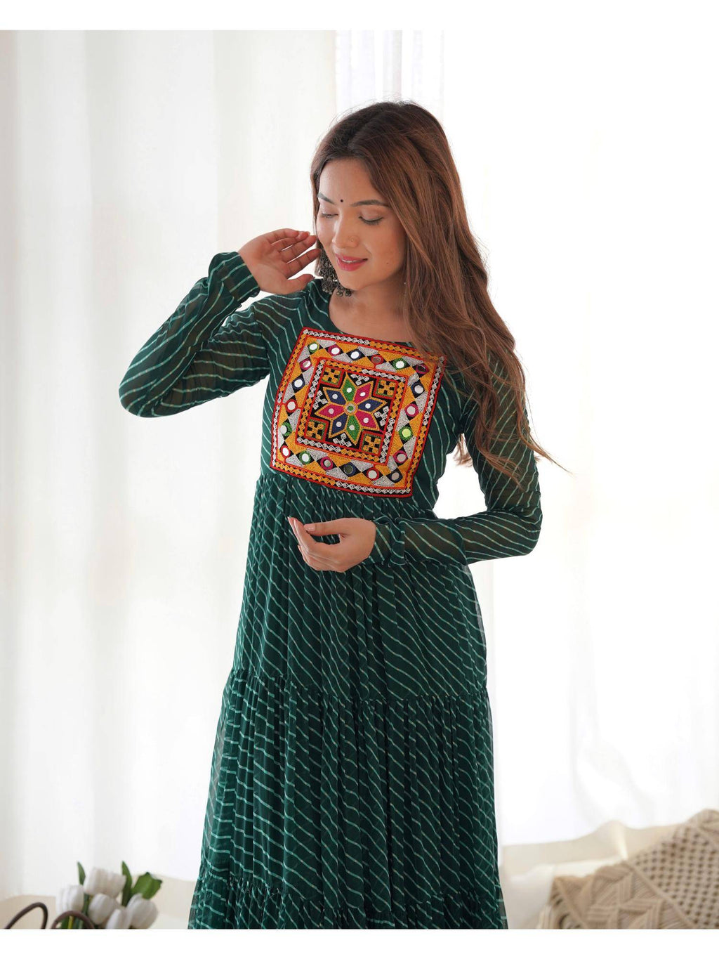 Womens Beautiful Printed Fox Georgette Flared Anarkali Kurta - Green | KDG - view 2