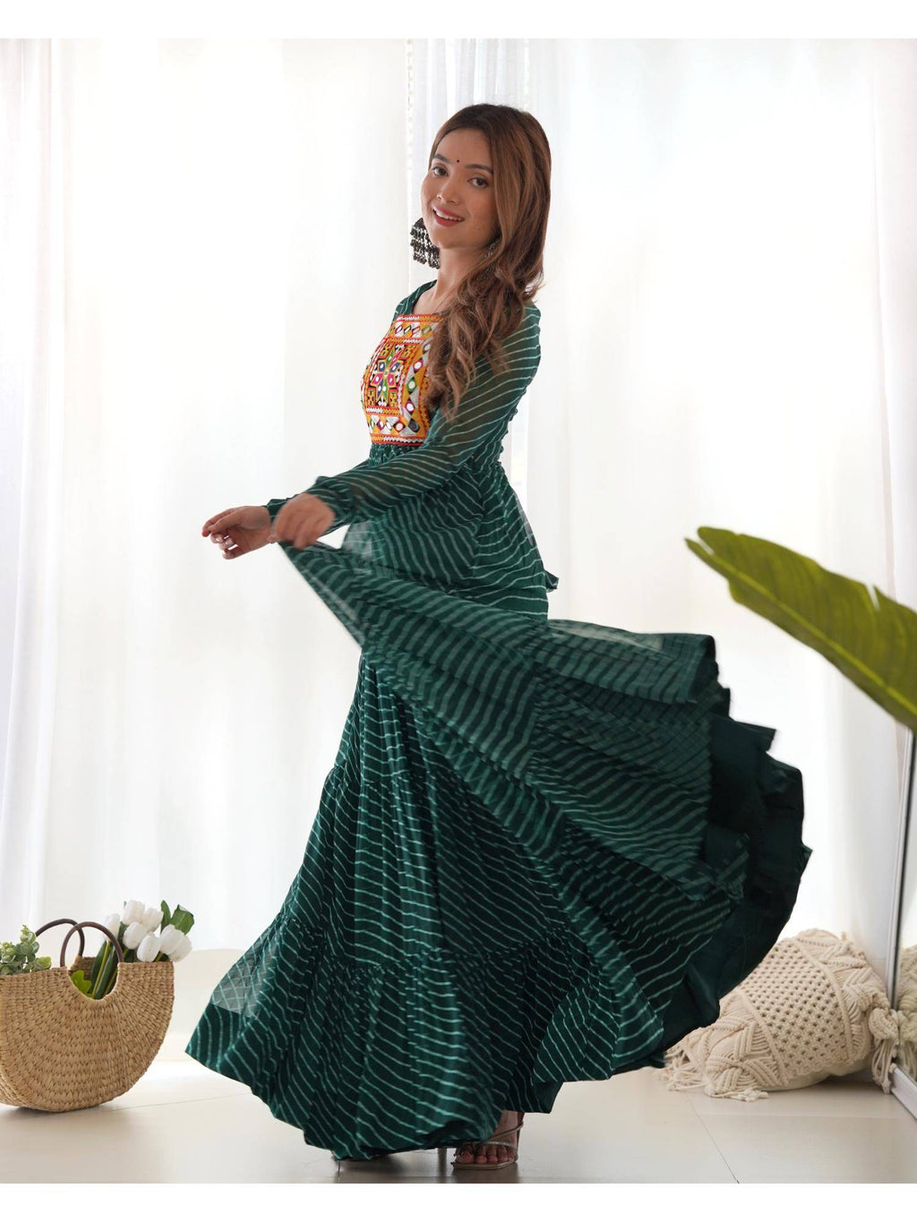 Womens Beautiful Printed Fox Georgette Flared Anarkali Kurta - Green | KDG - view 3