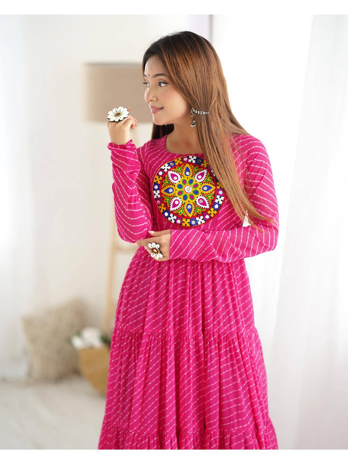 Womens Beautiful Printed Fox Georgette Flared Anarkali Kurta - Pink | FY93 - view 6