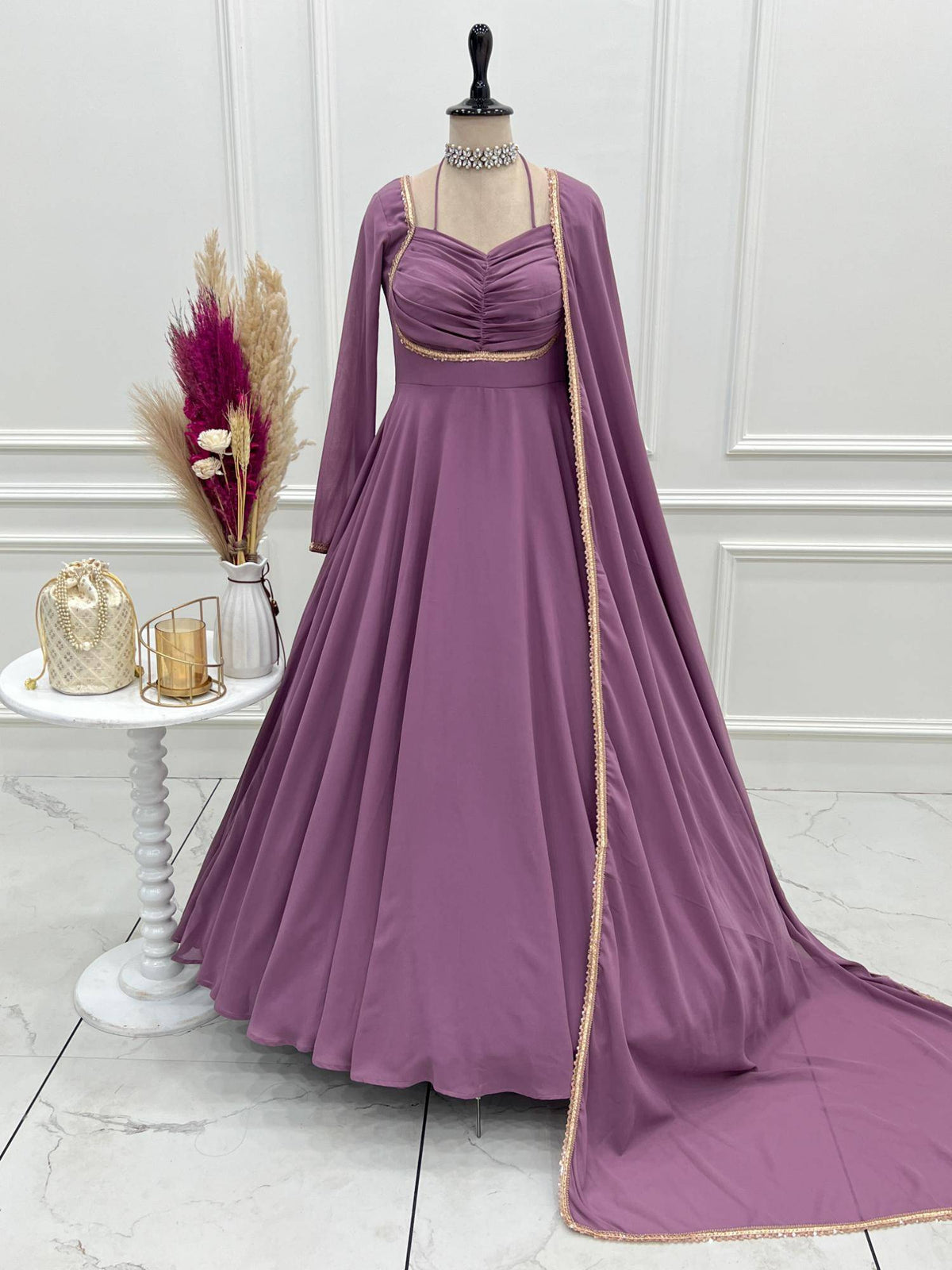 Womens Mauve Georgette Anarkali Kurta with Dupatta | KDG - view 2