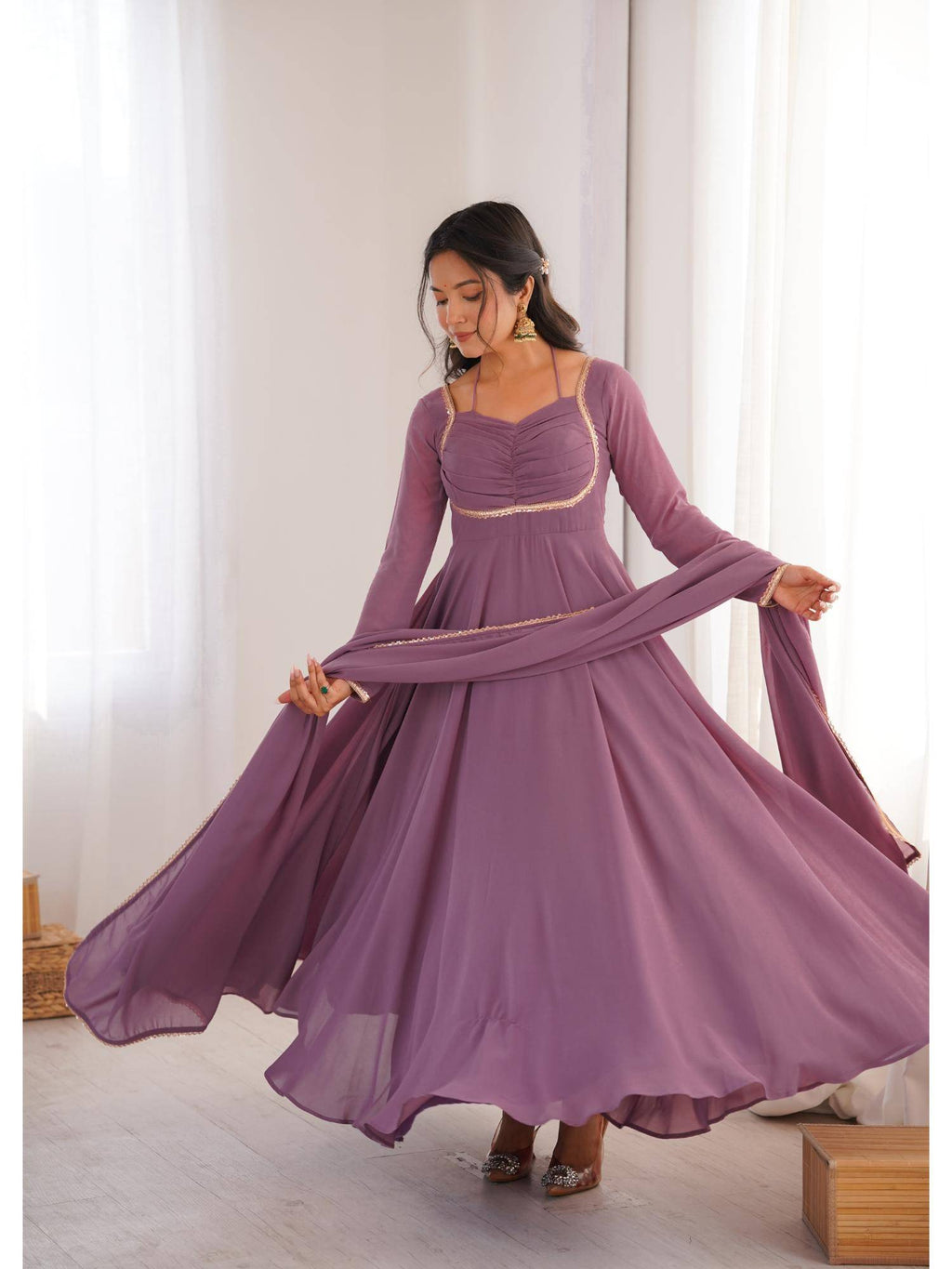 Womens Mauve Georgette Anarkali Kurta with Dupatta | KDG - view 6