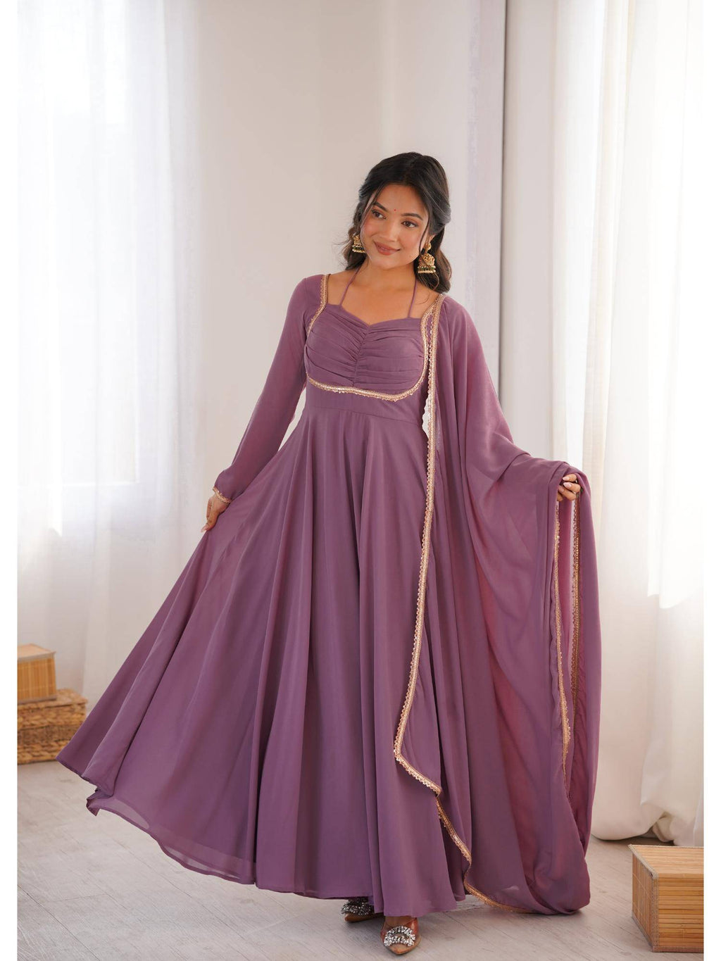Womens Mauve Georgette Anarkali Kurta with Dupatta | KDG - view 7