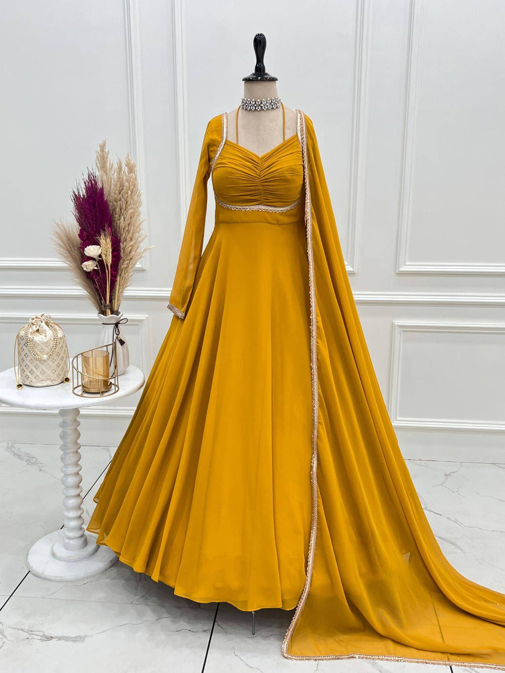 Womens Mustard Yellow Georgette Anarkali Kurta with Dupatta | U3S - view 2