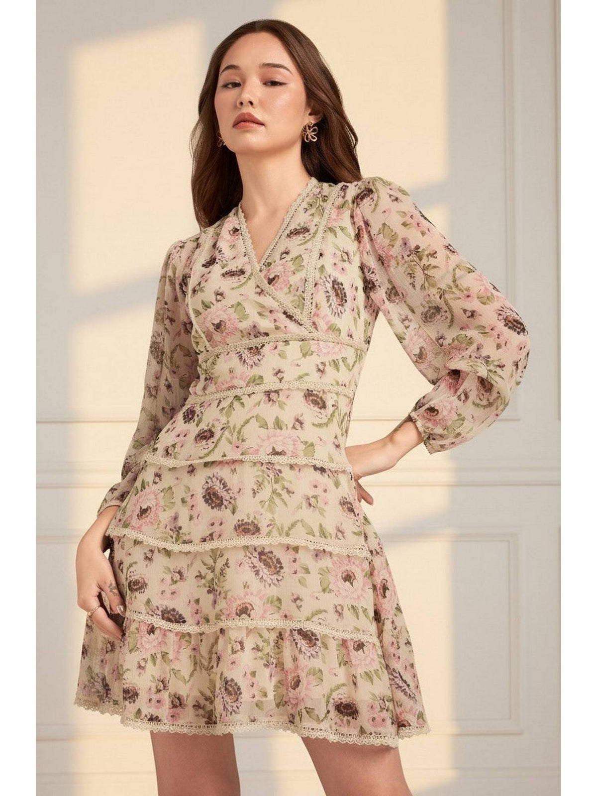 Multi Floral Printed Dress with Lace Detailing | D56 - view 1