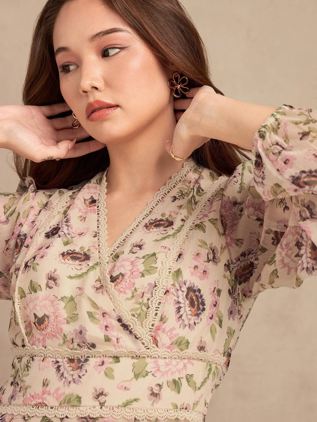 Multi Floral Printed Dress with Lace Detailing | D56 - view 2