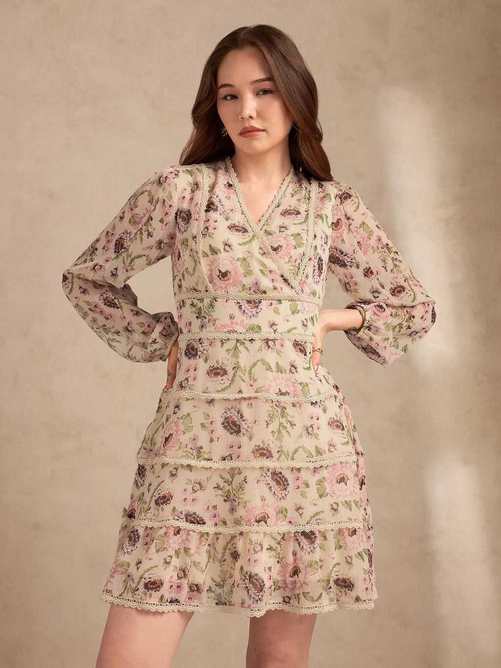 Multi Floral Printed Dress with Lace Detailing | D56 - view 3