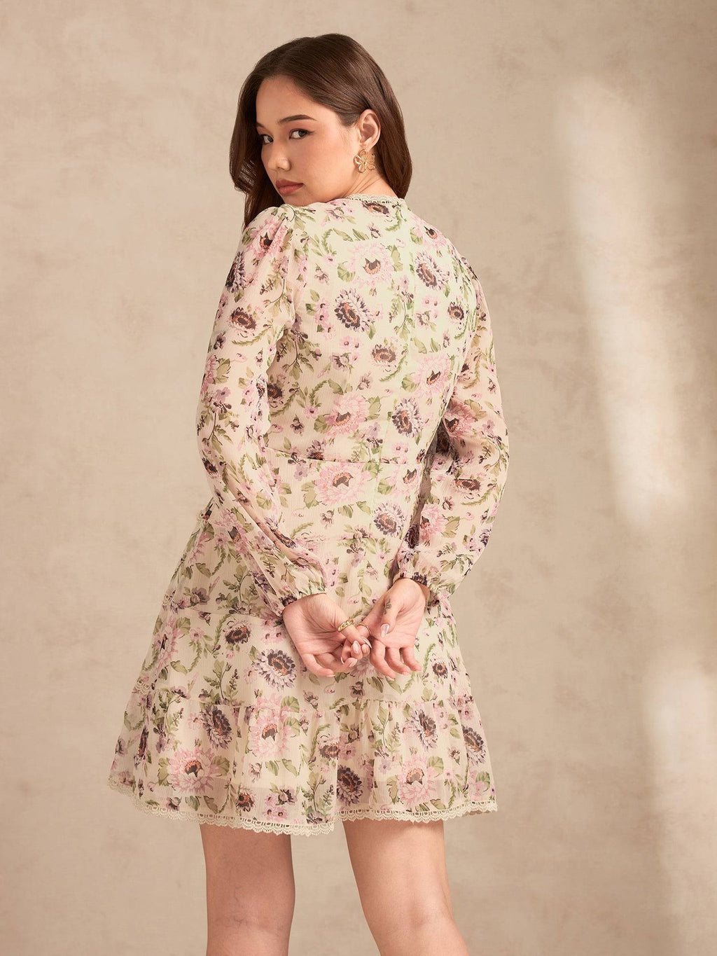 Multi Floral Printed Dress with Lace Detailing | D56 - view 5