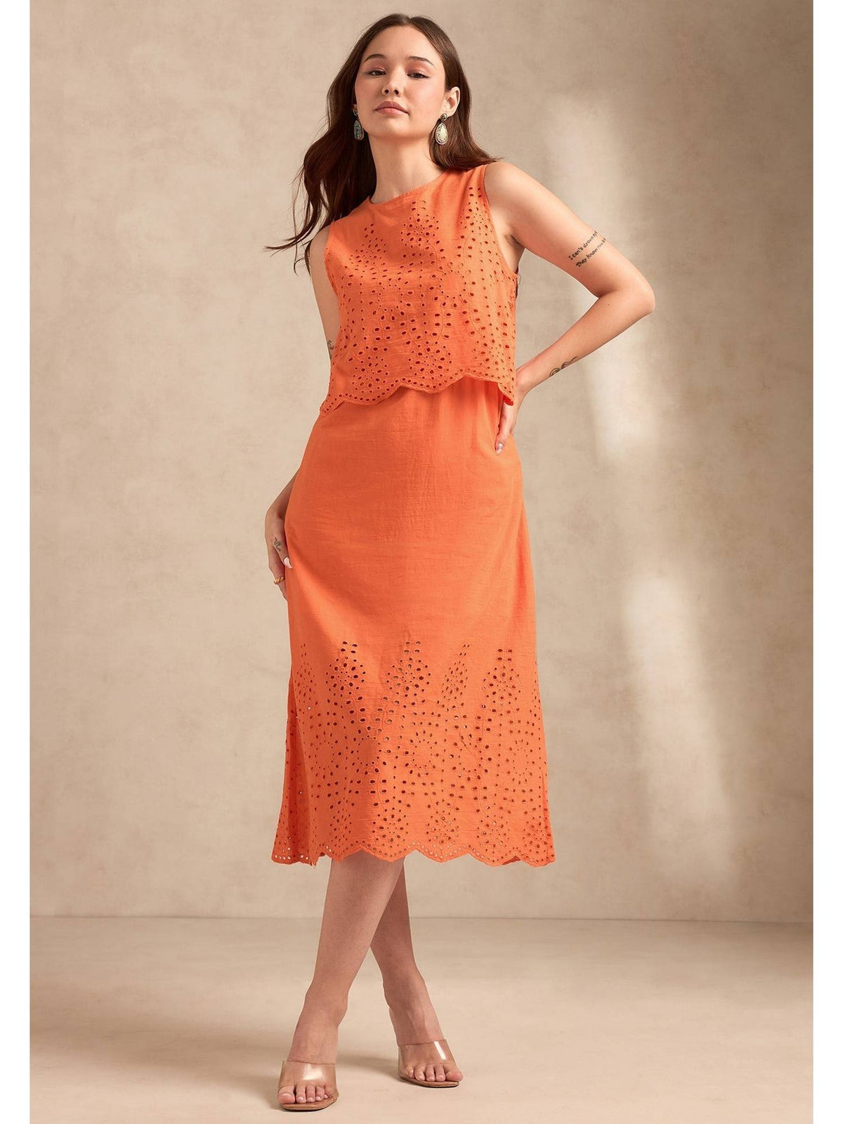Orange Sleeveless Schiffli Midi Dress | D56 - view 1