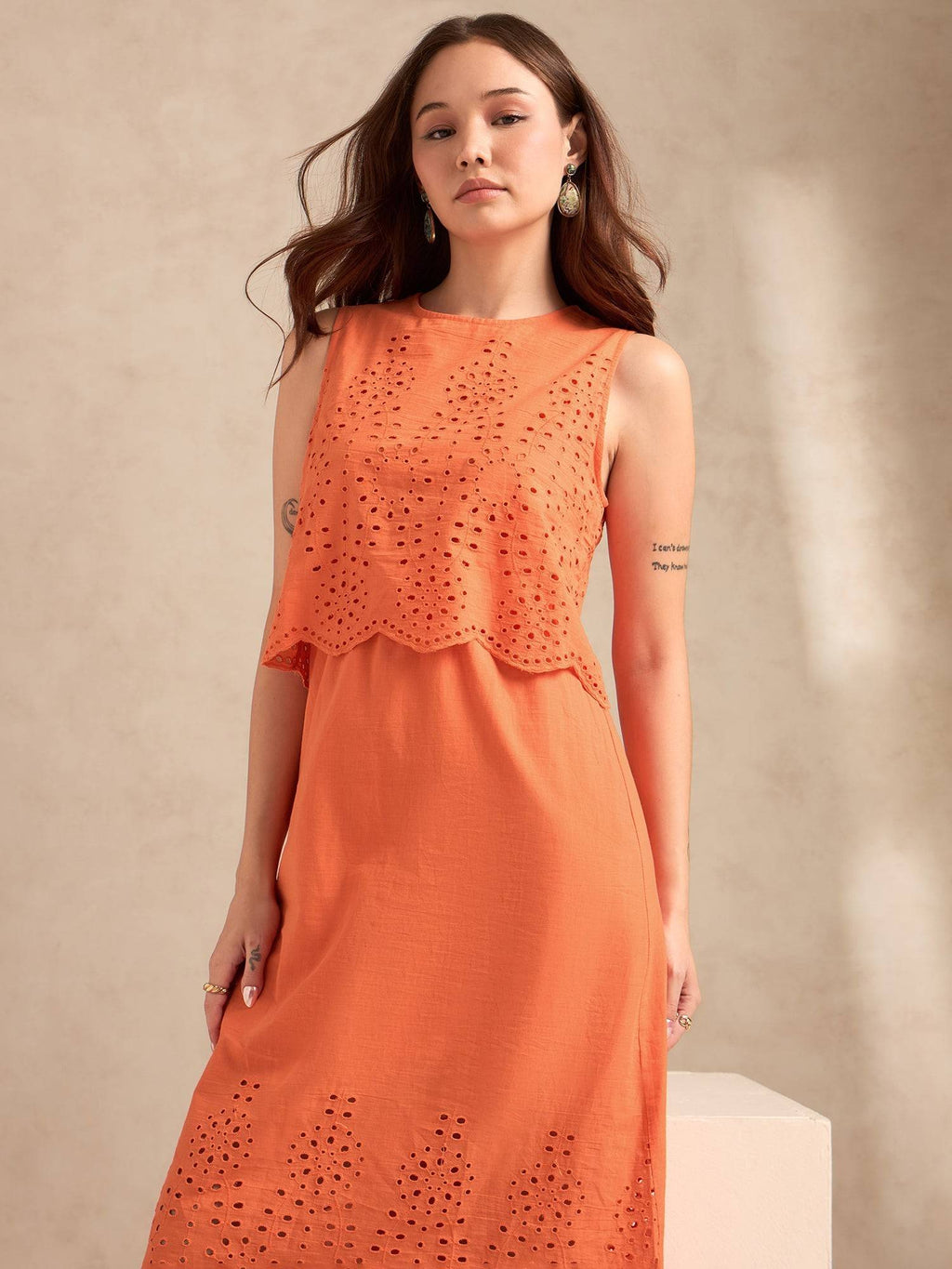 Orange Sleeveless Schiffli Midi Dress | D56 - view 2
