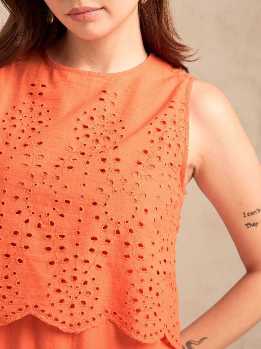 Orange Sleeveless Schiffli Midi Dress | D56 - view 3